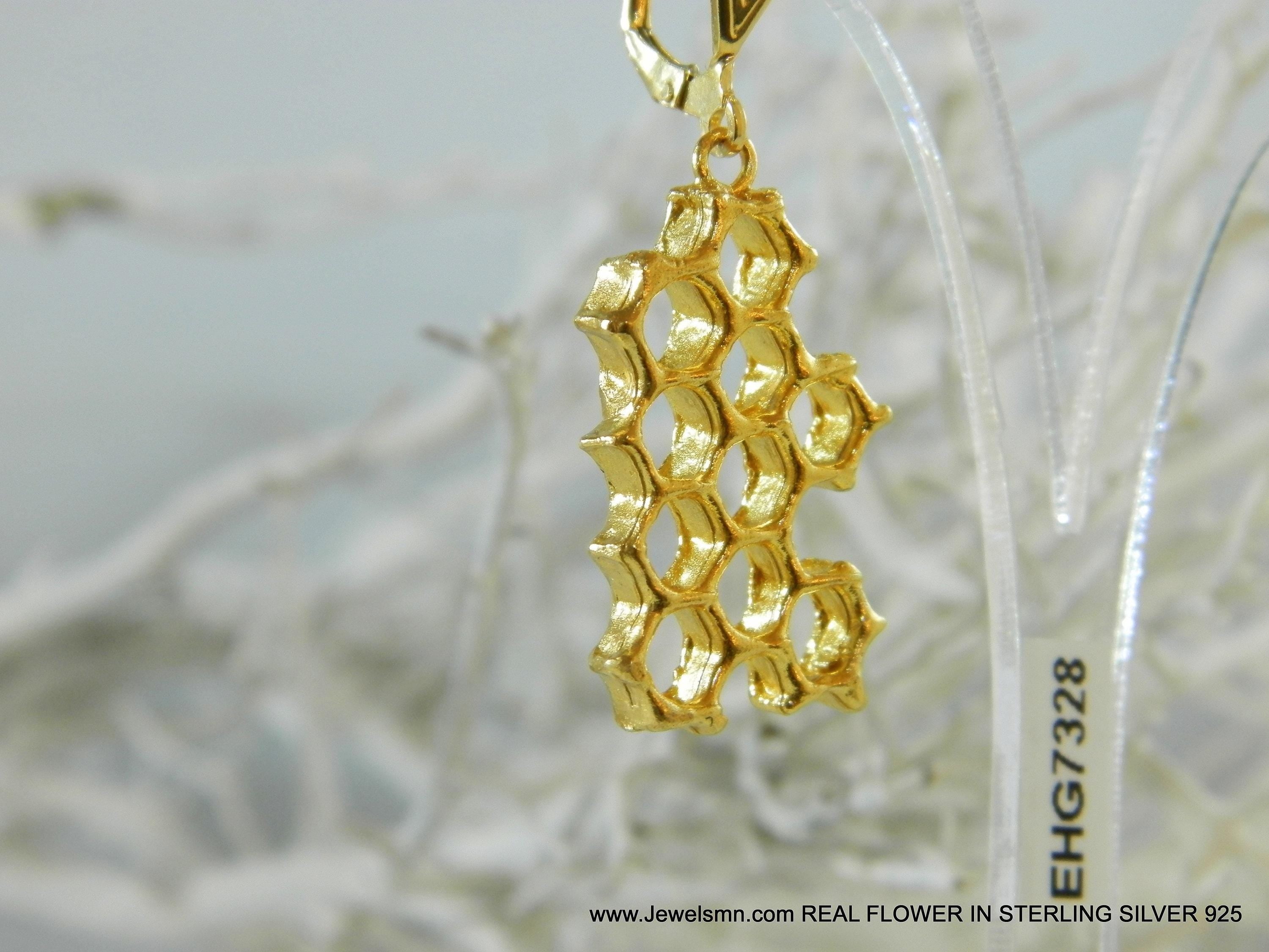 Honeycomb Earrings: Gold Plated Brass Jewelry (Nature Inspired)-1