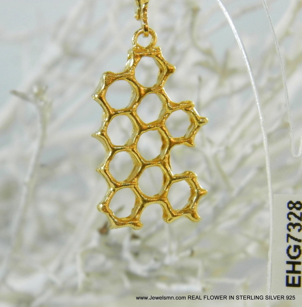 Honeycomb Earrings: Gold Plated Brass Jewelry (Nature Inspired)-3