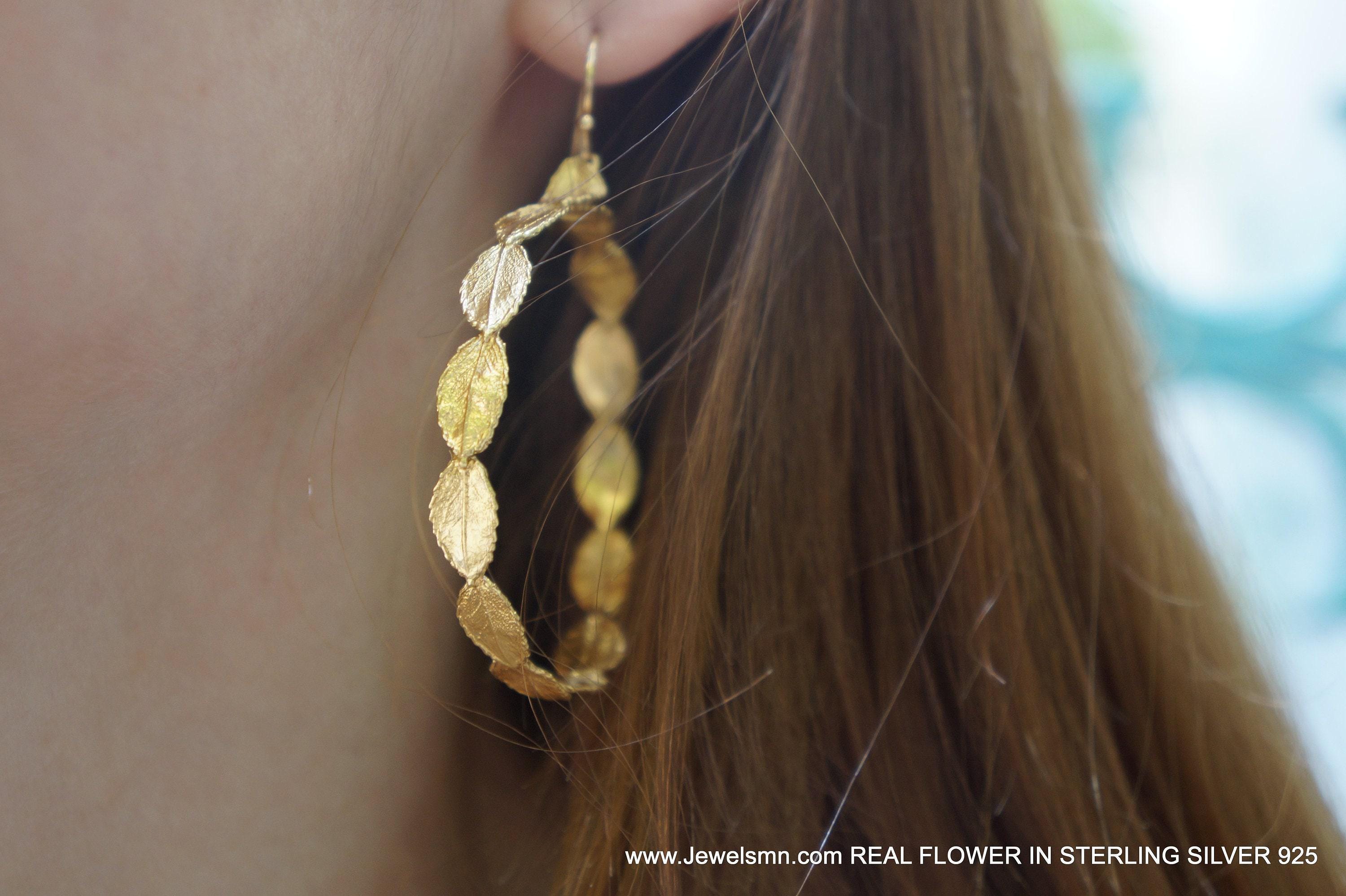 Delicate Rose Leaf Hoop Earrings: Tiny Botanical Gold-Plated Brass Hoops-4