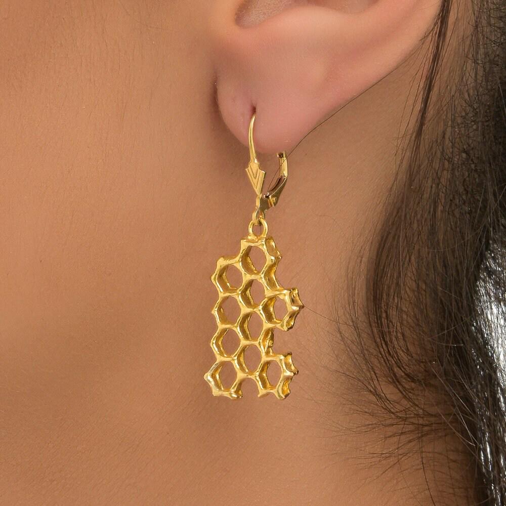 Honeycomb Earrings: Gold Plated Brass Jewelry (Nature Inspired)-0