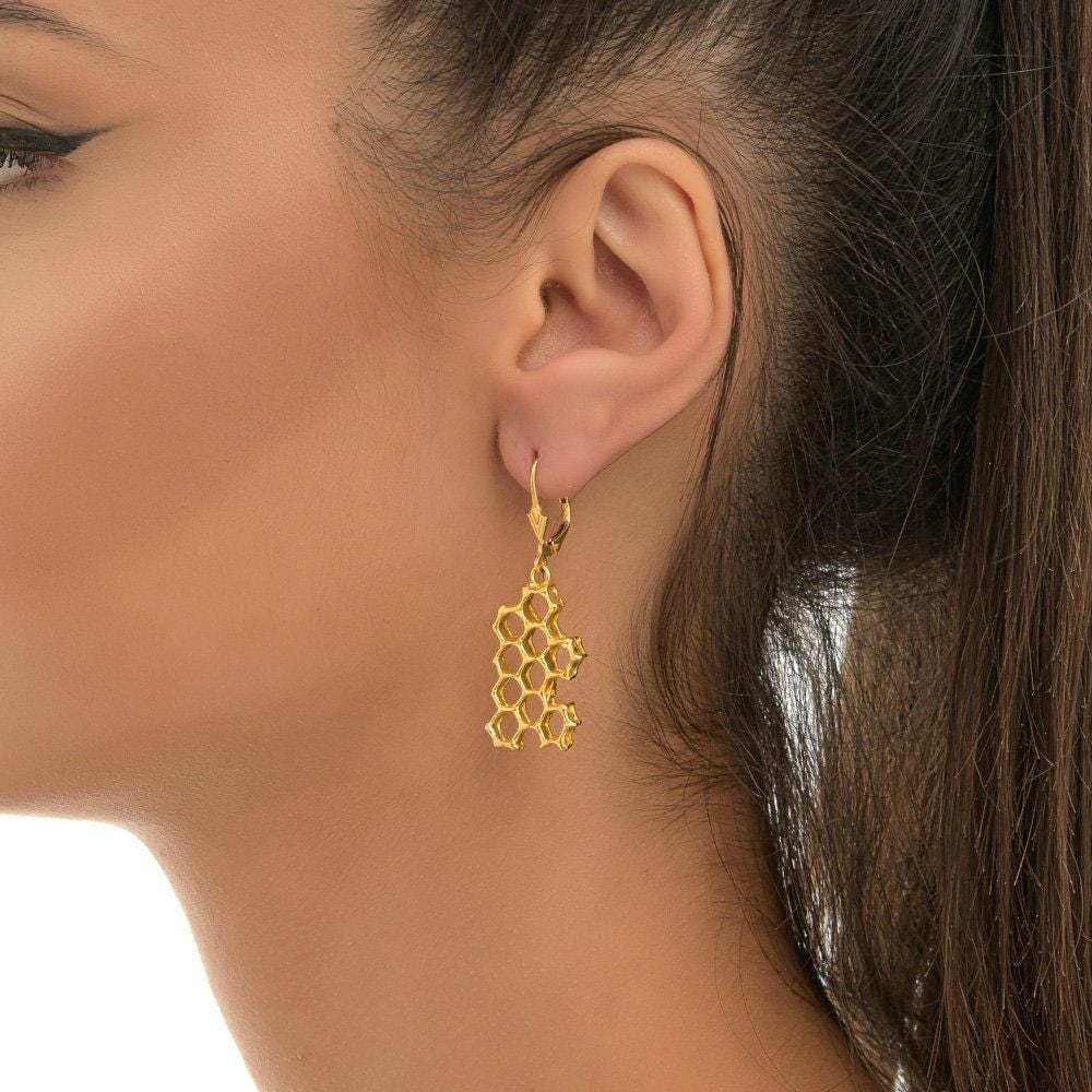 Honeycomb Earrings: Gold Plated Brass Jewelry (Nature Inspired)-2