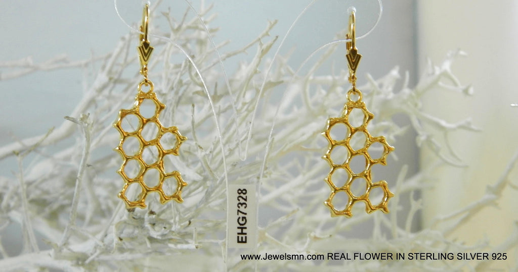 Honeycomb Earrings: Gold Plated Brass Jewelry (Nature Inspired)-4