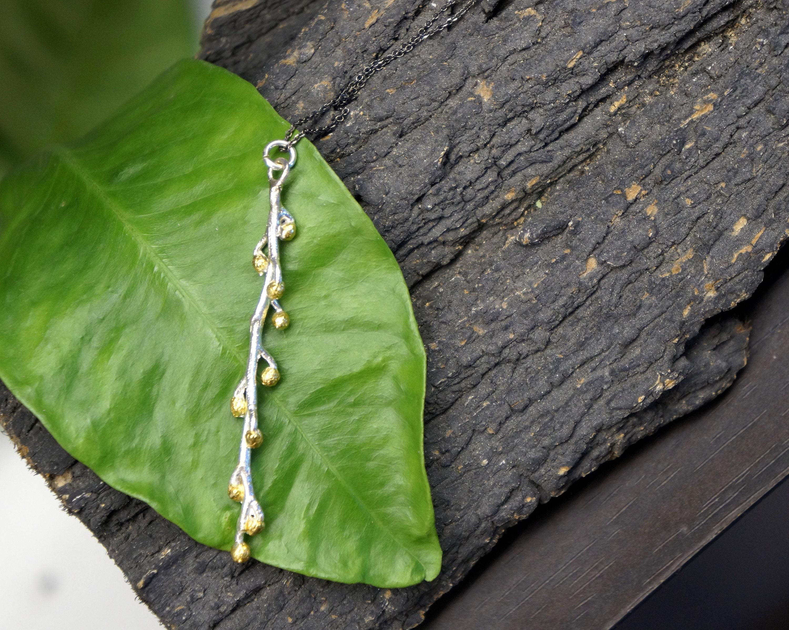 Nature-Inspired Gold Necklace, Mimosa Branch Pendant (Dainty, Sustainable)-2