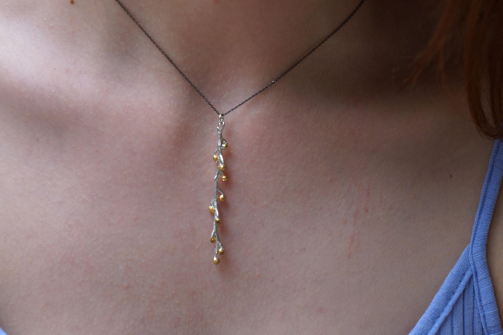 Nature-Inspired Gold Necklace, Mimosa Branch Pendant (Dainty, Sustainable)-3