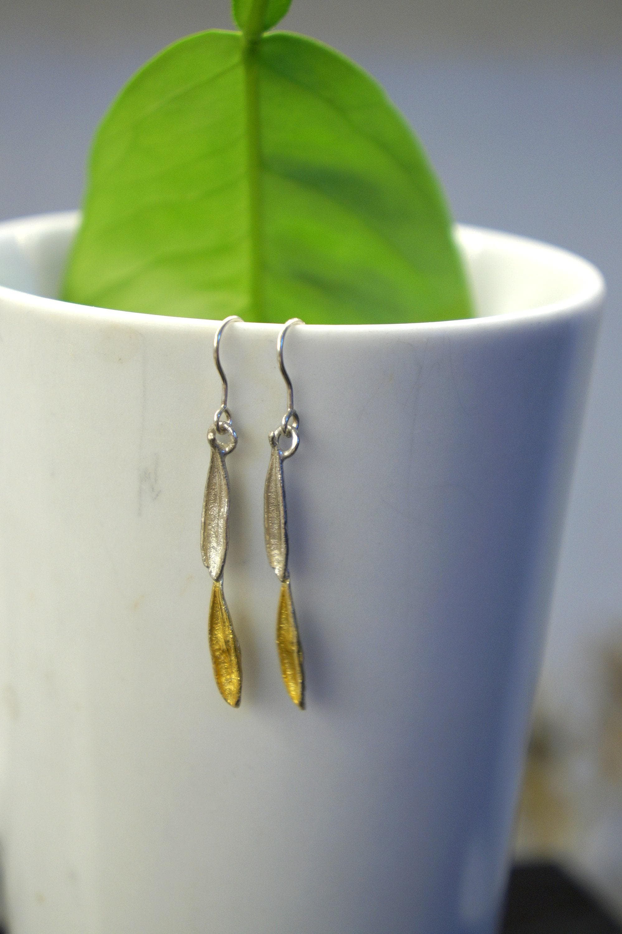Olive Leaf Earrings: Nature-Inspired Two Tone Jewelry (Sterling Silver)-0