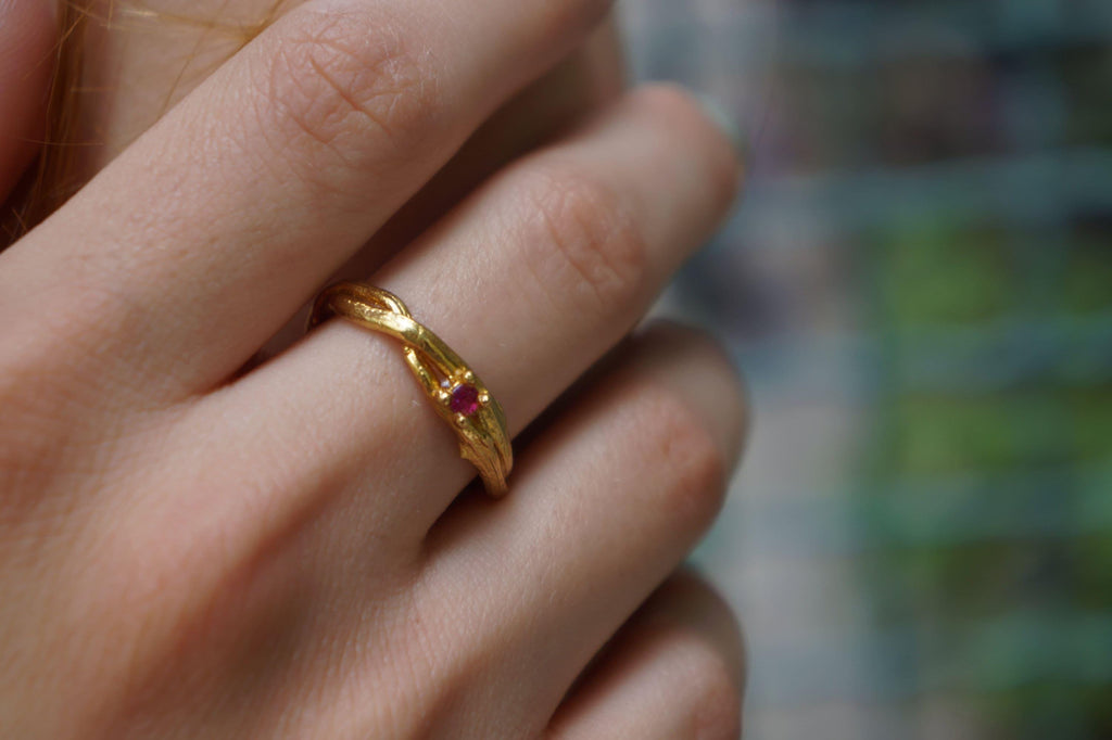 Nature Inspired Ring: Olive Branch Twig - 14k Gold on Silver-1