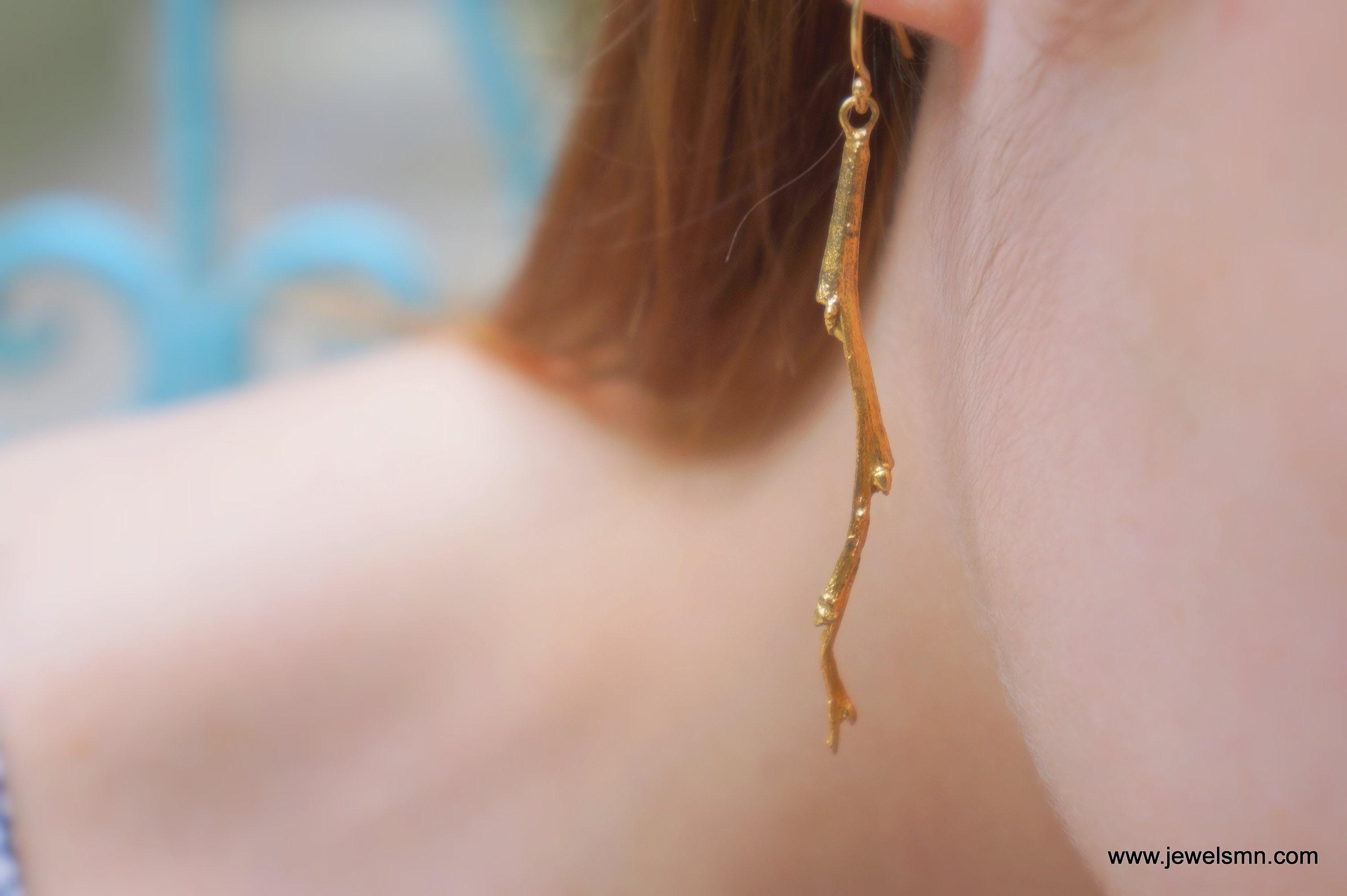 Nature-Inspired Olive Branch Earrings, Gold Dangle (Lightweight, Long)-3