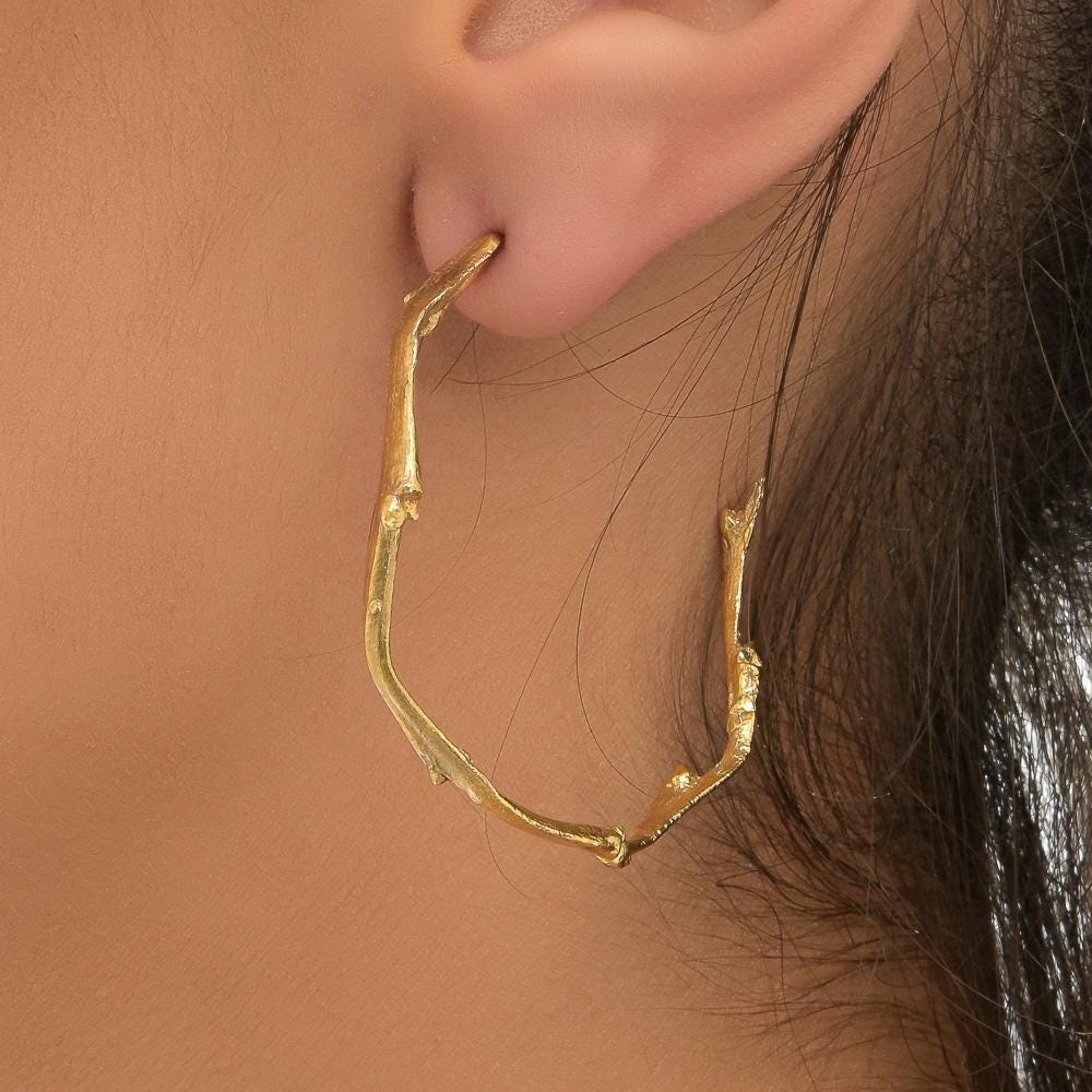 Olive Branch Earrings: Gold Botanical Hoops (Handmade, Adjustable)-0
