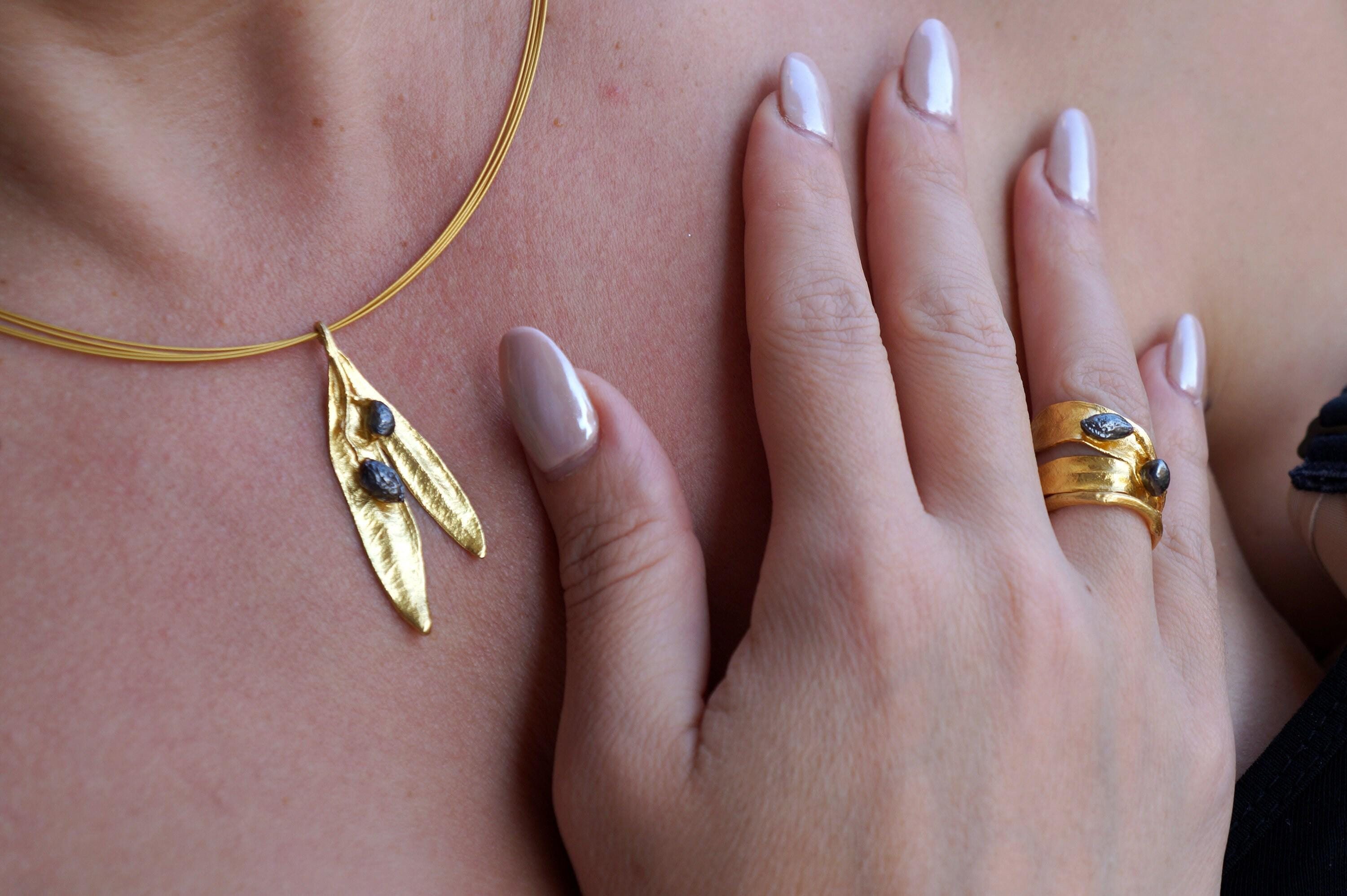 Botanical Olive Leaf Necklace, Gold-Plated Brass & Black Rhodium (Adjustable Chain)-1