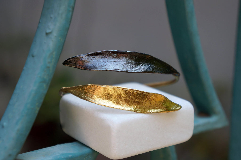 Olive Branch Vegan Bracelet - Adjustable Gold-Plated Brass and Black Rhodium Design-1