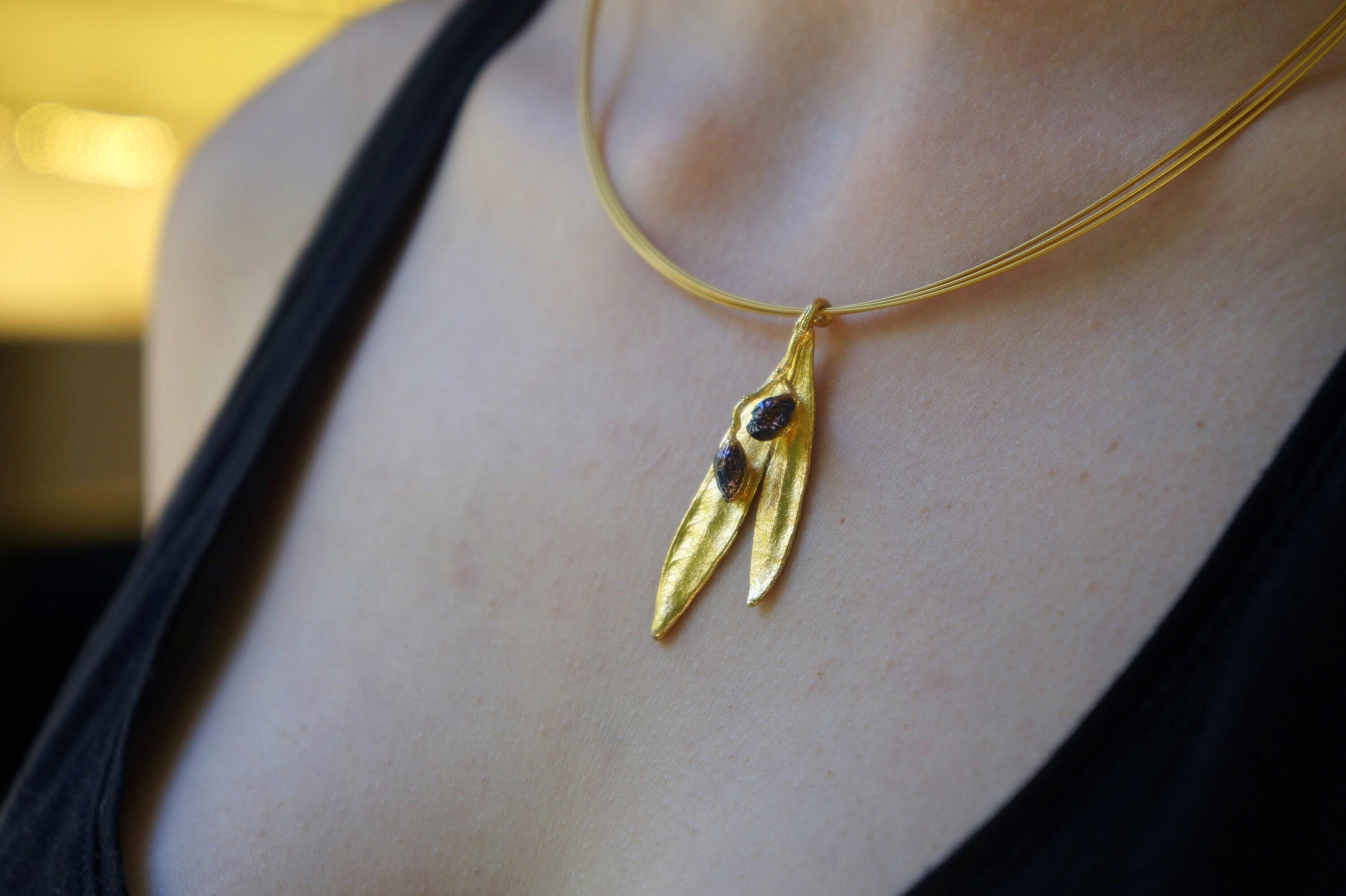 Botanical Olive Leaf Necklace, Gold-Plated Brass & Black Rhodium (Adjustable Chain)-4