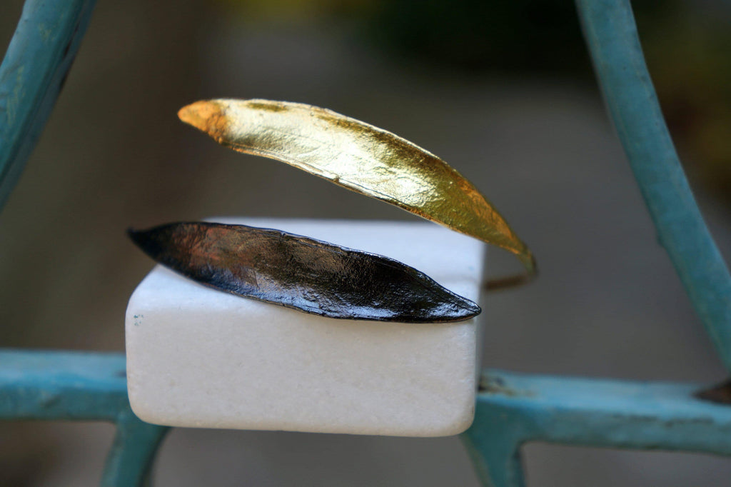 Olive Branch Vegan Bracelet - Adjustable Gold-Plated Brass and Black Rhodium Design-3