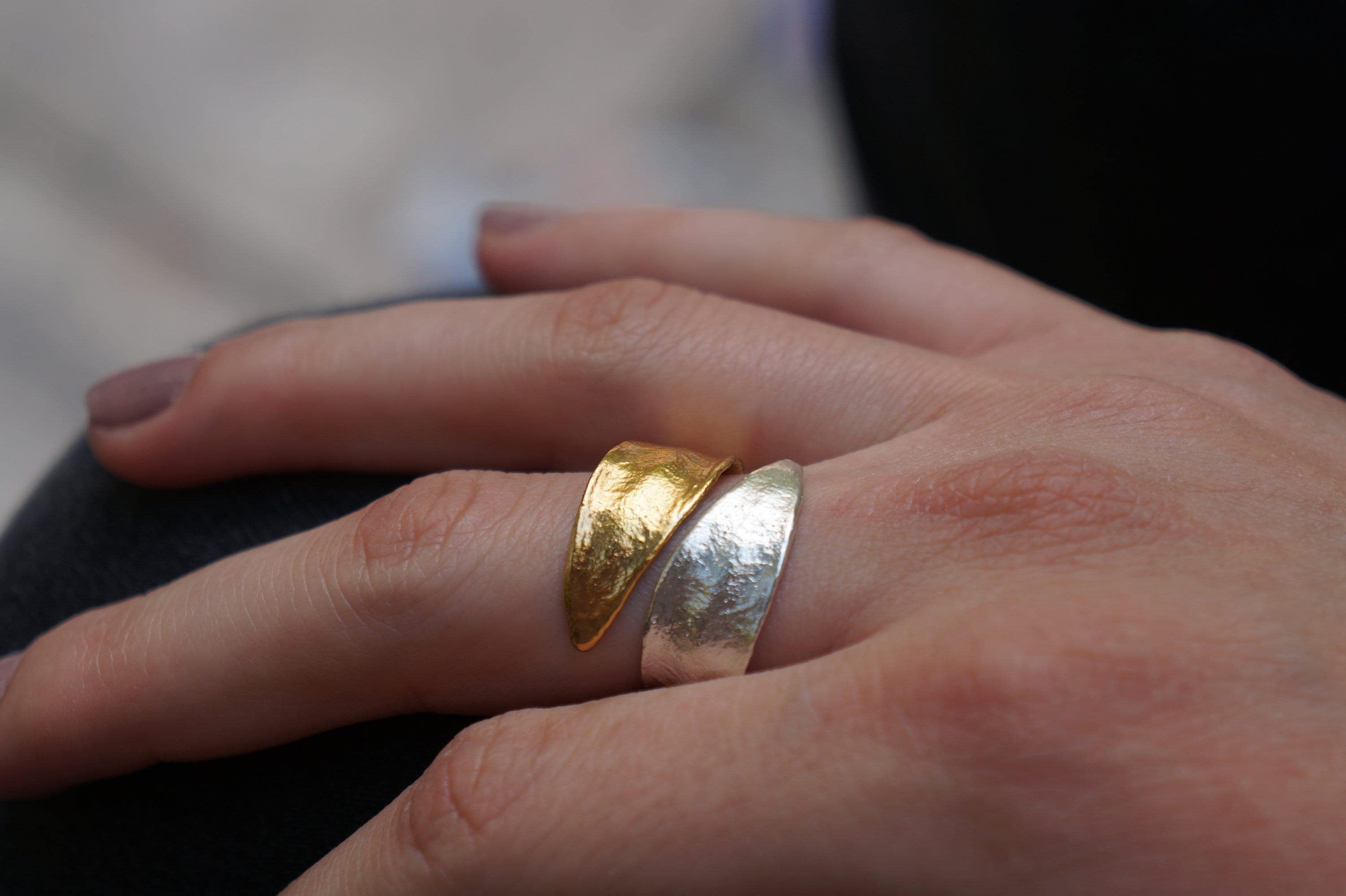 Olive Leaf Ring: Nature Inspired Adjustable Band (Sterling Silver, Two Tone)-0