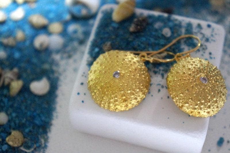 Sea Urchin Earrings: Gold-Plated Brass, Zircon Accent - Beach Wedding Look-0