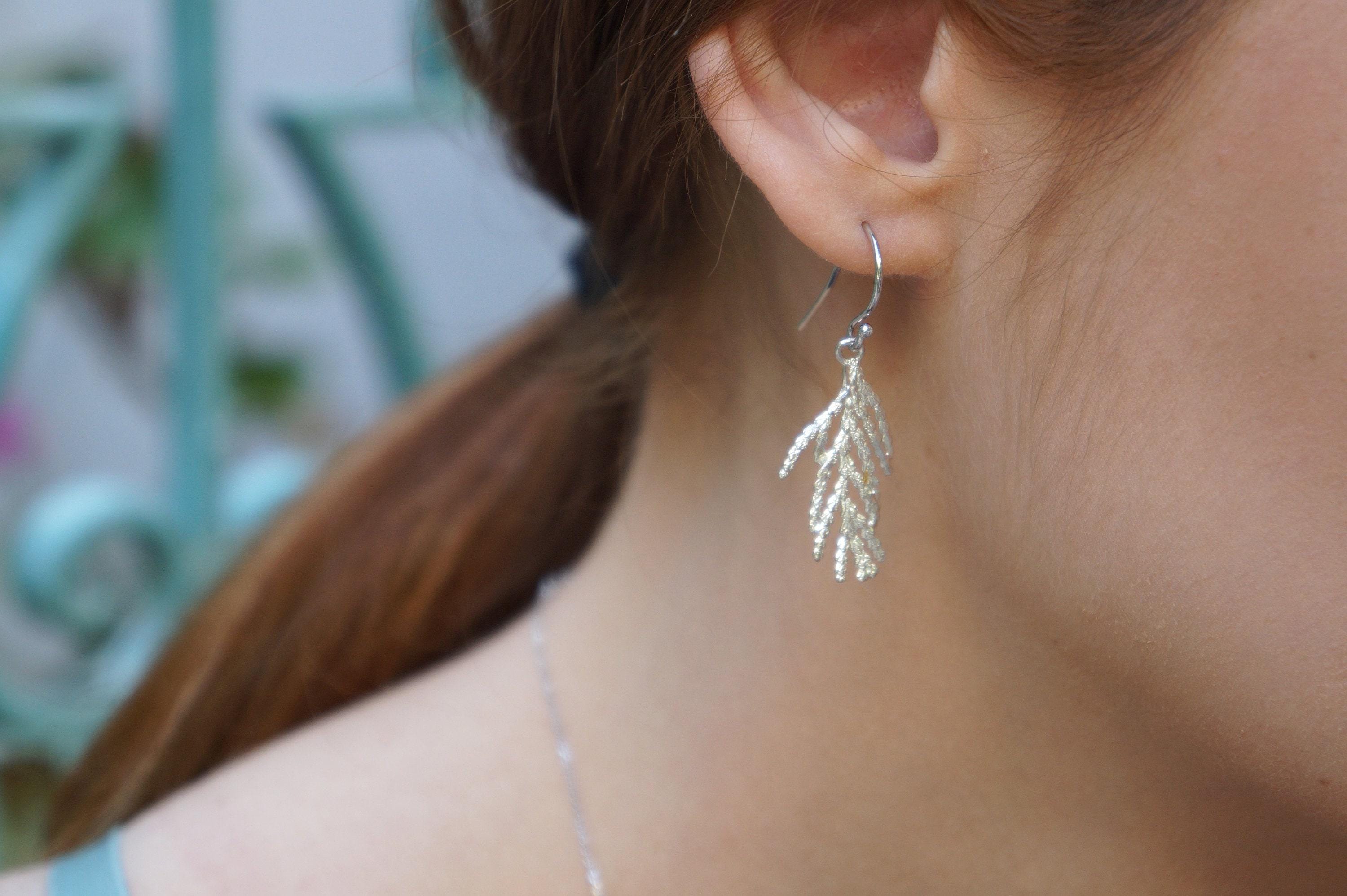 Nature Earrings: Real Cypress Leaf in Sterling Silver (Dangle)-0