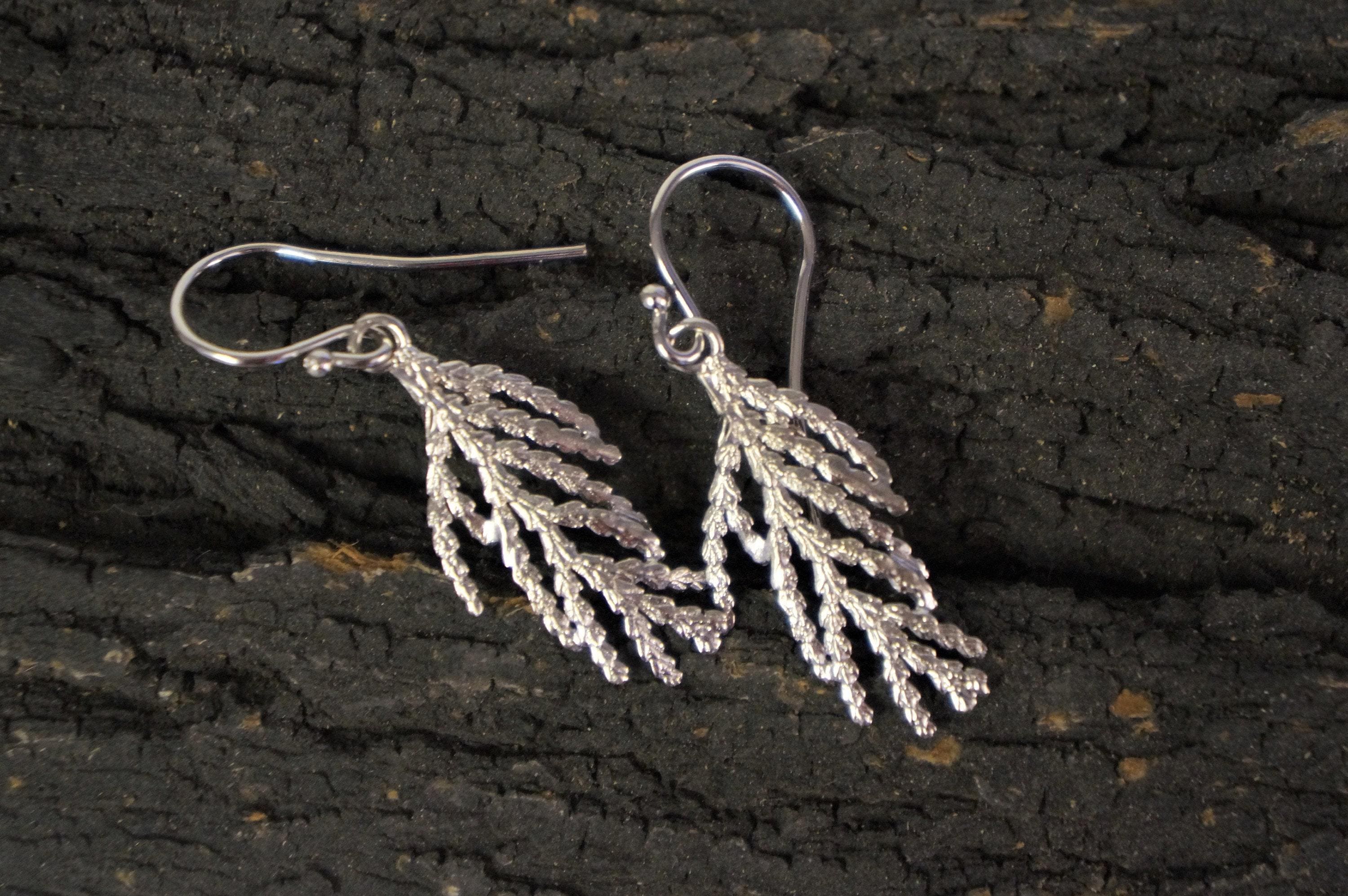 Nature Earrings: Real Cypress Leaf in Sterling Silver (Dangle)-3