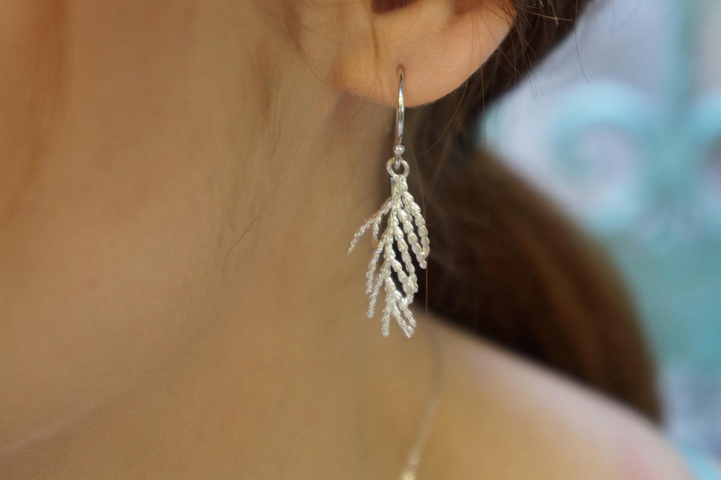 Nature Earrings: Real Cypress Leaf in Sterling Silver (Dangle)-4