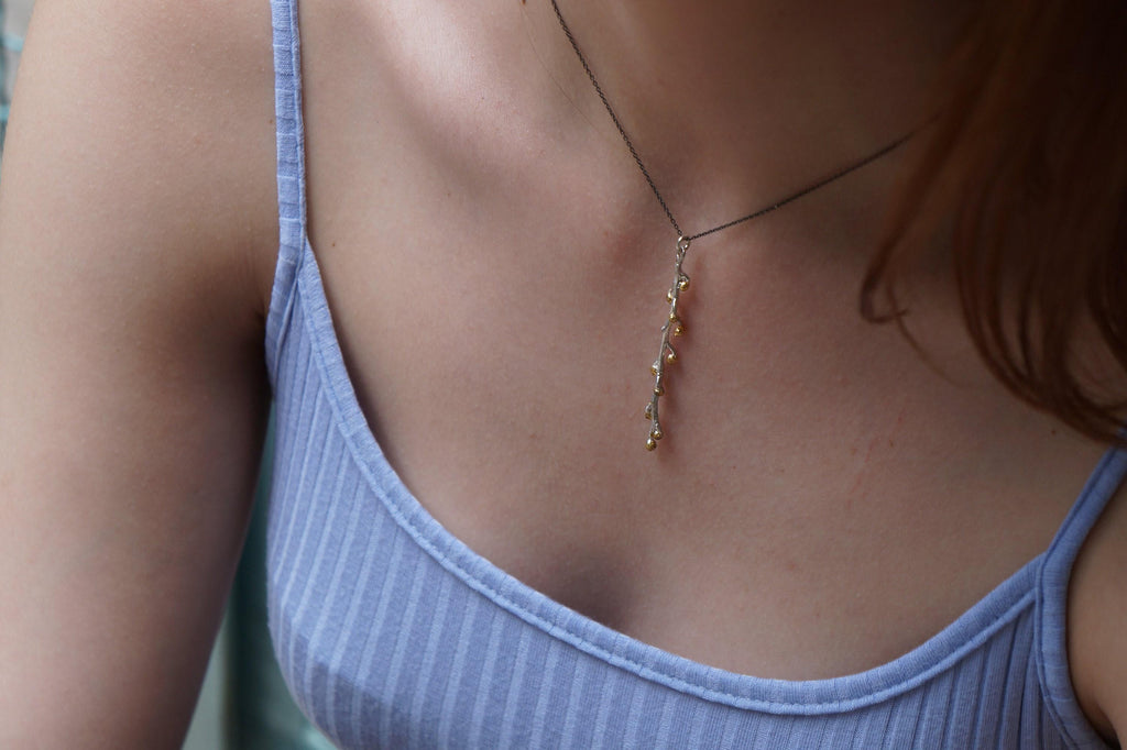 Nature-Inspired Gold Necklace, Mimosa Branch Pendant (Dainty, Sustainable)-4