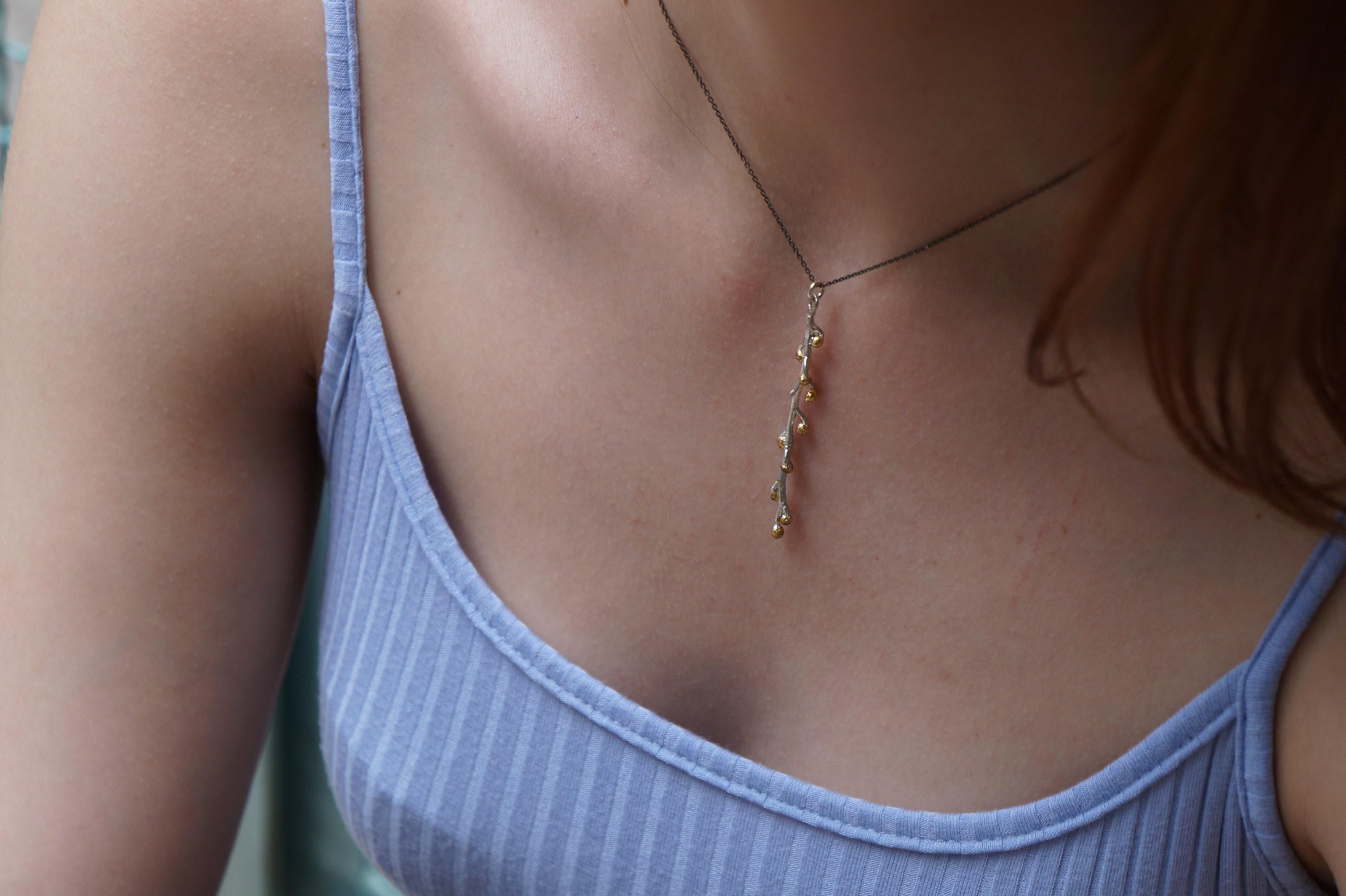 Nature-Inspired Gold Necklace, Mimosa Branch Pendant (Dainty, Sustainable)-4