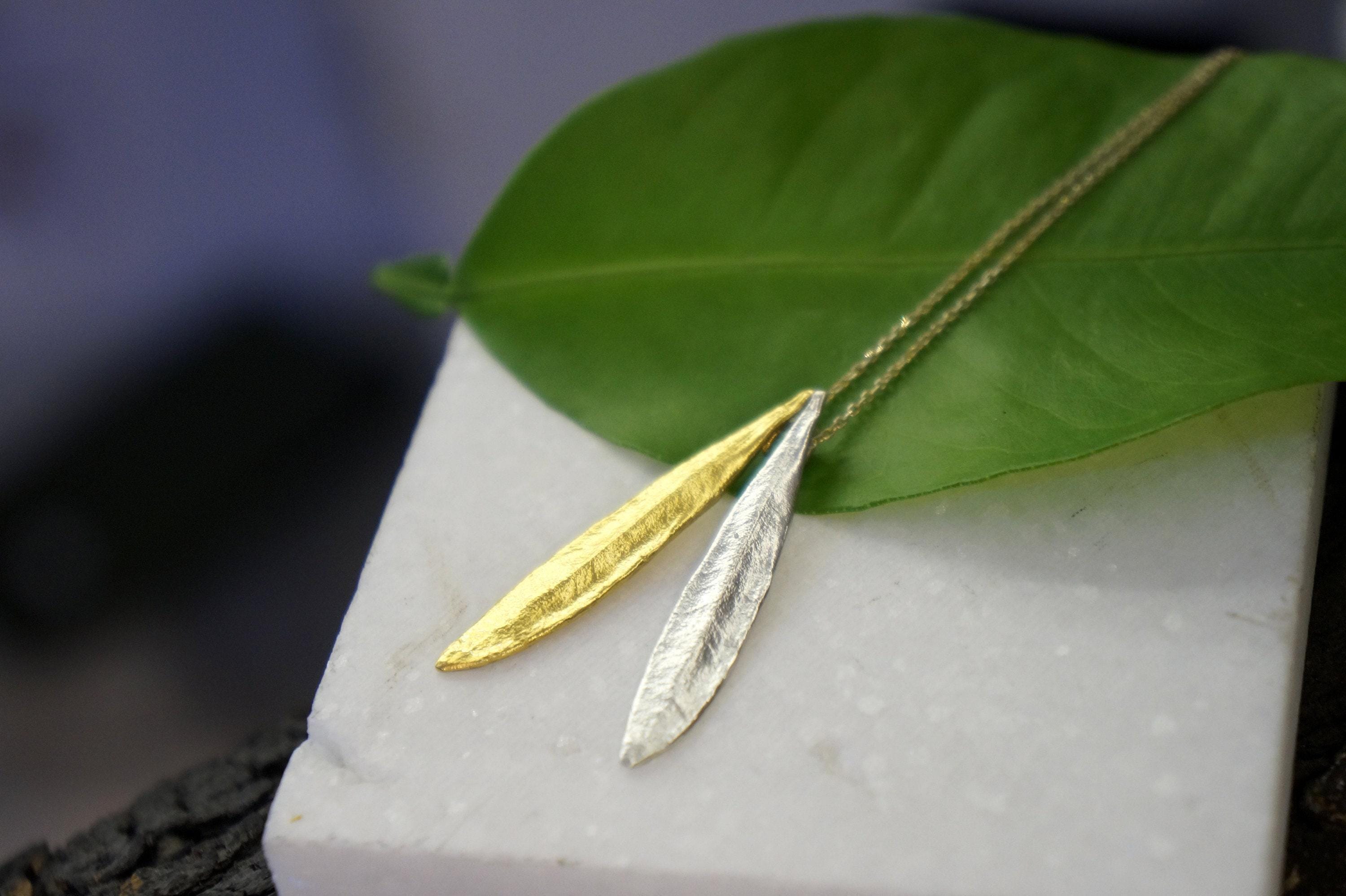 Olive Leaf Pendant Necklace - Sterling Silver with 14K Gold Accent-0