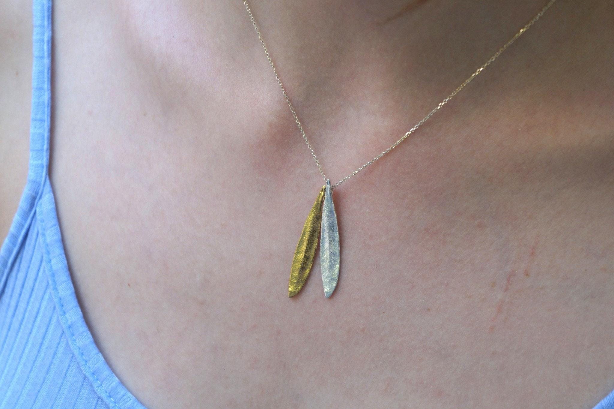 Olive Leaf Pendant Necklace - Sterling Silver with 14K Gold Accent-1