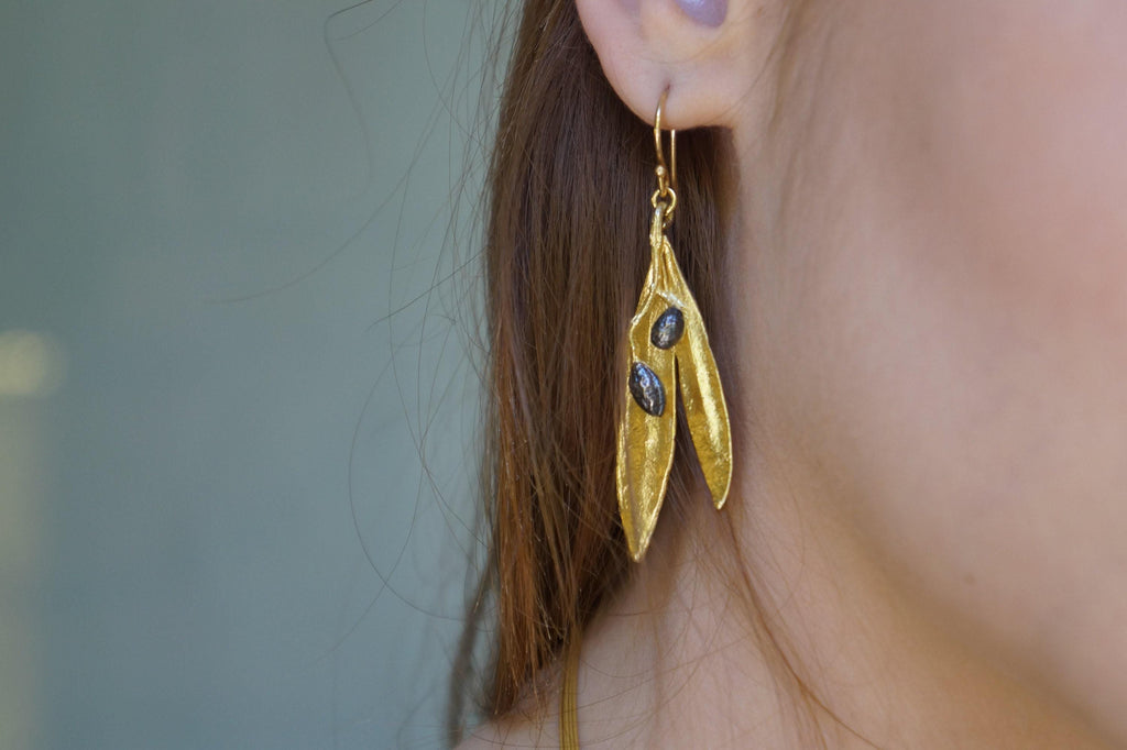 Olive Leaf Statement Earrings - Lightweight Gold or Black Brass-2