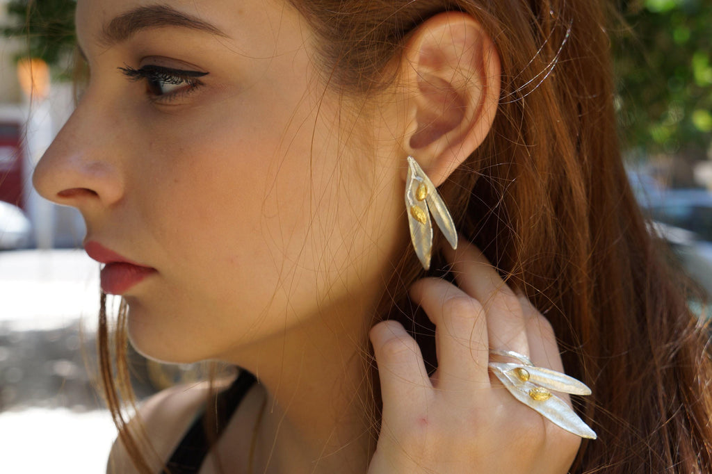 Olive Leaf Statement Earrings - Lightweight Gold or Black Brass-3