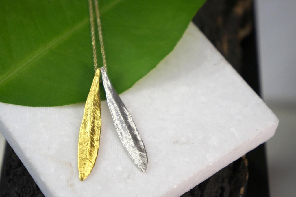 Olive Leaf Pendant Necklace - Sterling Silver with 14K Gold Accent-2