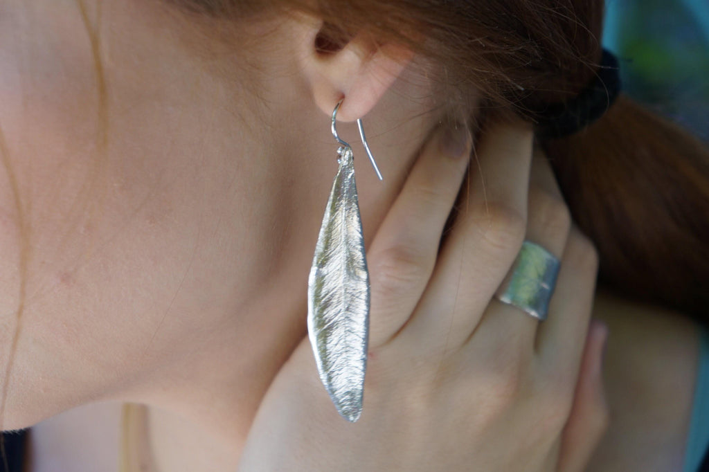 Real Olive Leaf Earrings: Nature Jewelry (Recycled Silver Dangles)-3