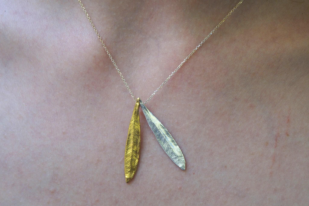 Olive Leaf Pendant Necklace - Sterling Silver with 14K Gold Accent-3