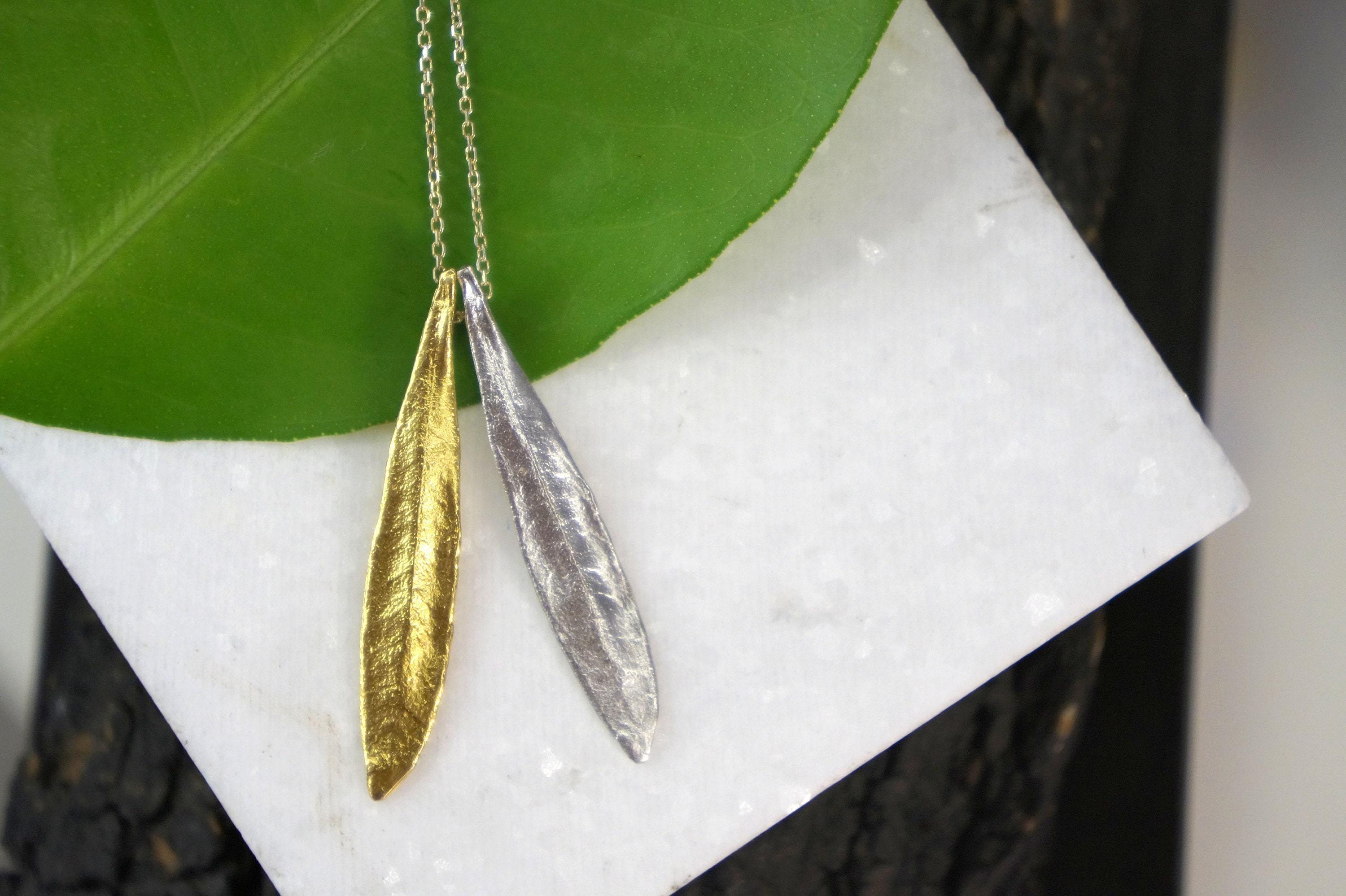 Olive Leaf Pendant Necklace - Sterling Silver with 14K Gold Accent-4