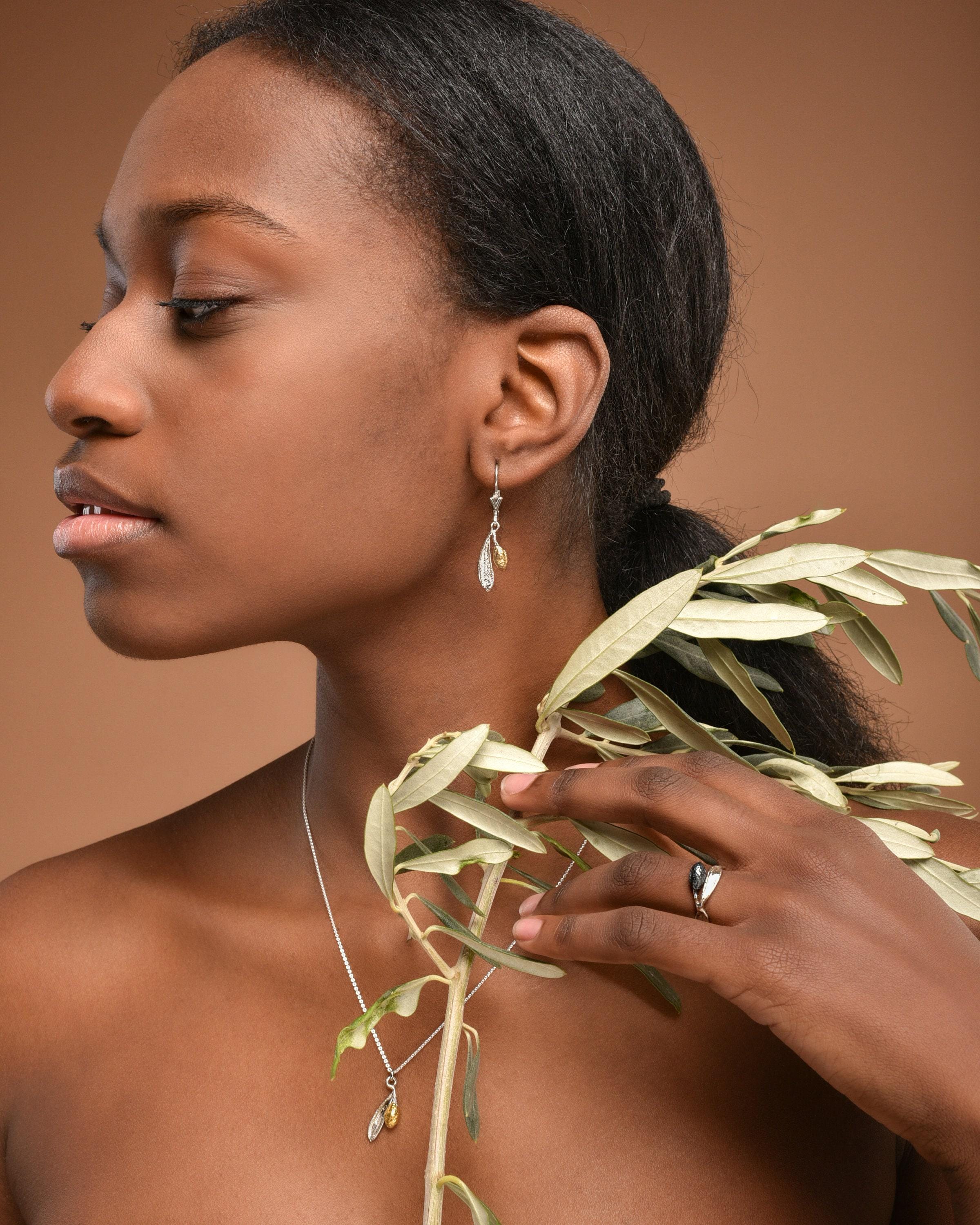 Olive Leaf Earrings, Sterling Silver and Gold Jewelry, Handmade Eco Design Gift for Women-0