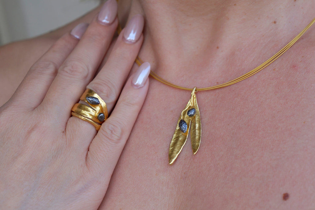 Botanical Olive Leaf Necklace, Gold-Plated Brass & Black Rhodium (Adjustable Chain)-0