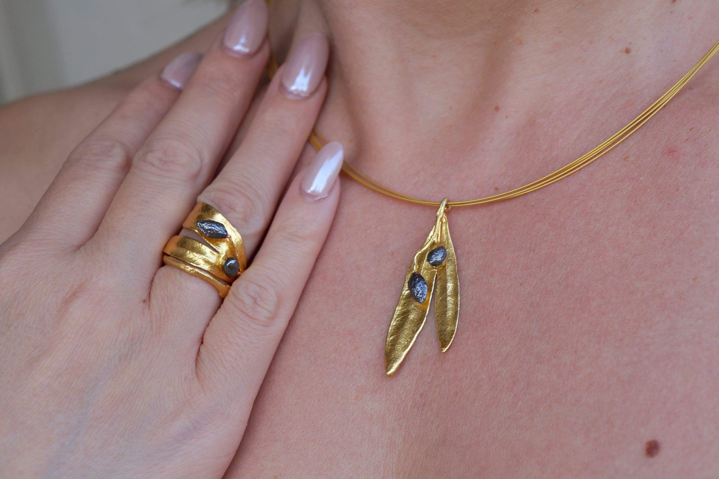 Botanical Olive Leaf Necklace, Gold-Plated Brass & Black Rhodium (Adjustable Chain)-0