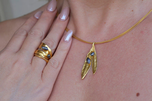 Botanical Olive Leaf Necklace, Gold-Plated Brass & Black Rhodium (Adjustable Chain)-0