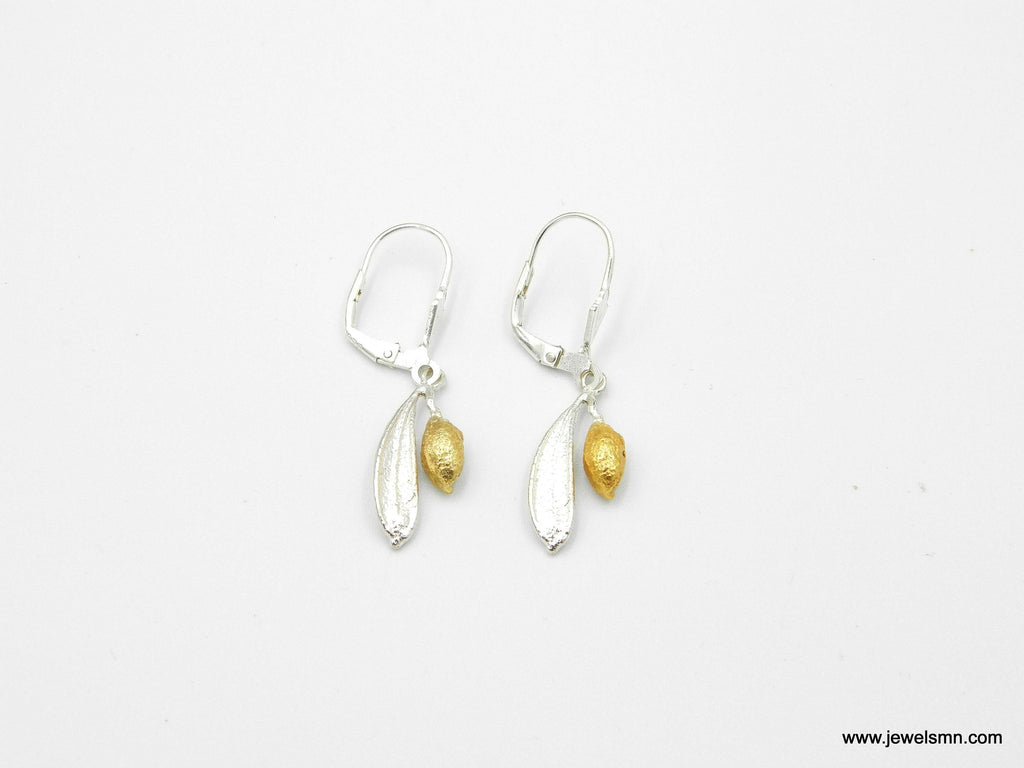 Olive Leaf Earrings, Sterling Silver and Gold Jewelry, Handmade Eco Design Gift for Women-1