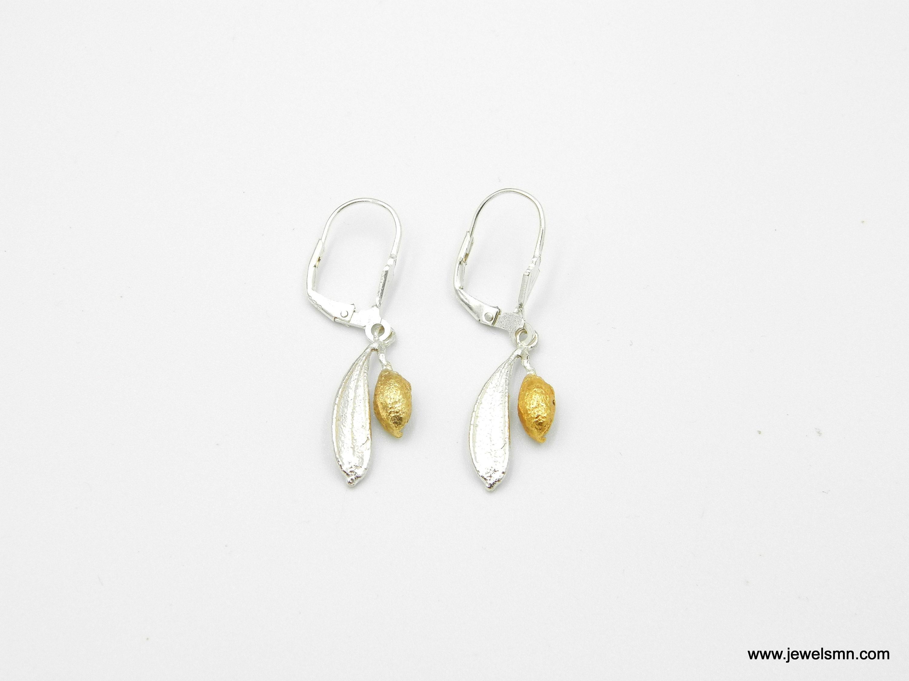 Olive Leaf Earrings, Sterling Silver and Gold Jewelry, Handmade Eco Design Gift for Women-1