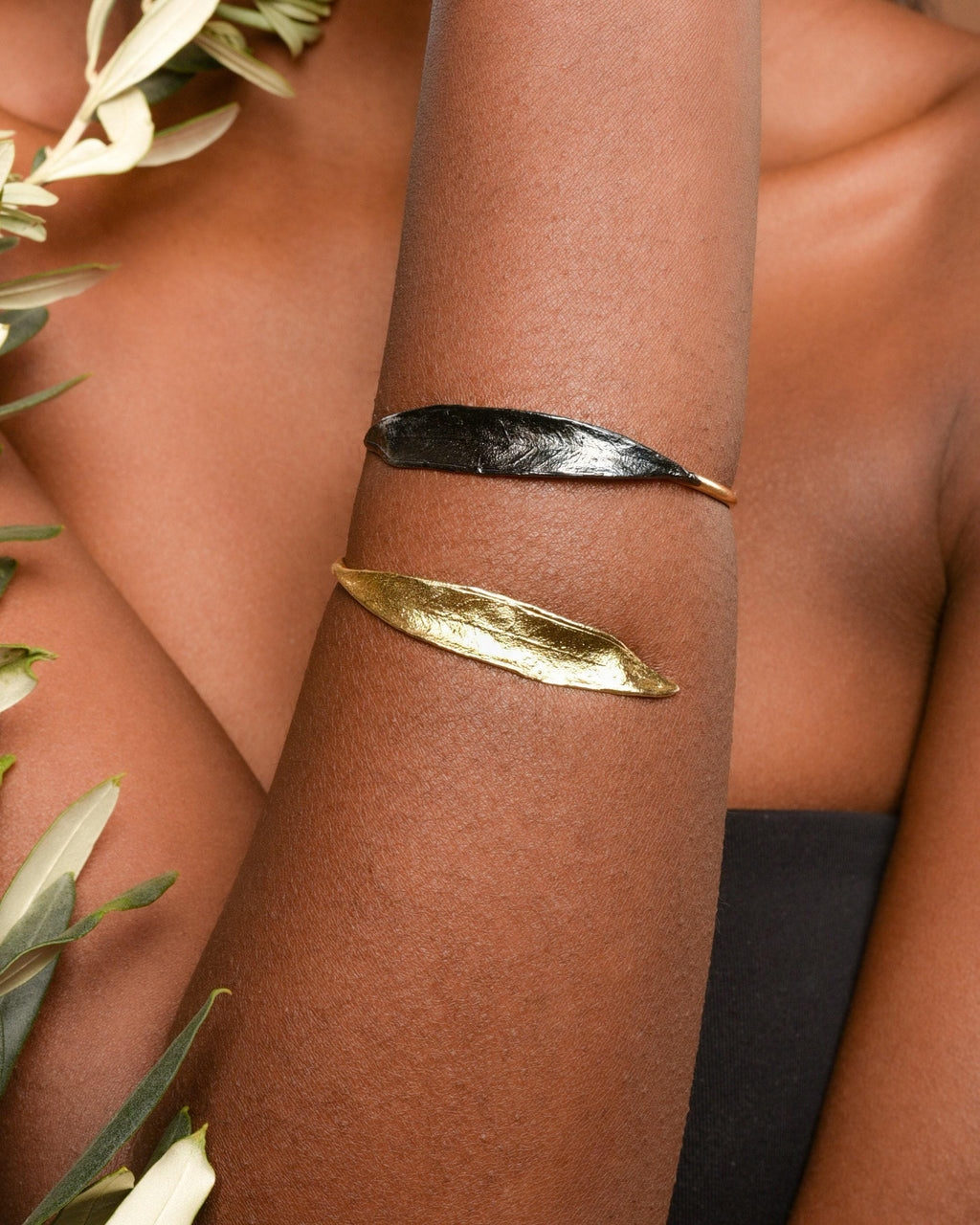 Olive Branch Vegan Bracelet - Adjustable Gold-Plated Brass and Black Rhodium Design-0
