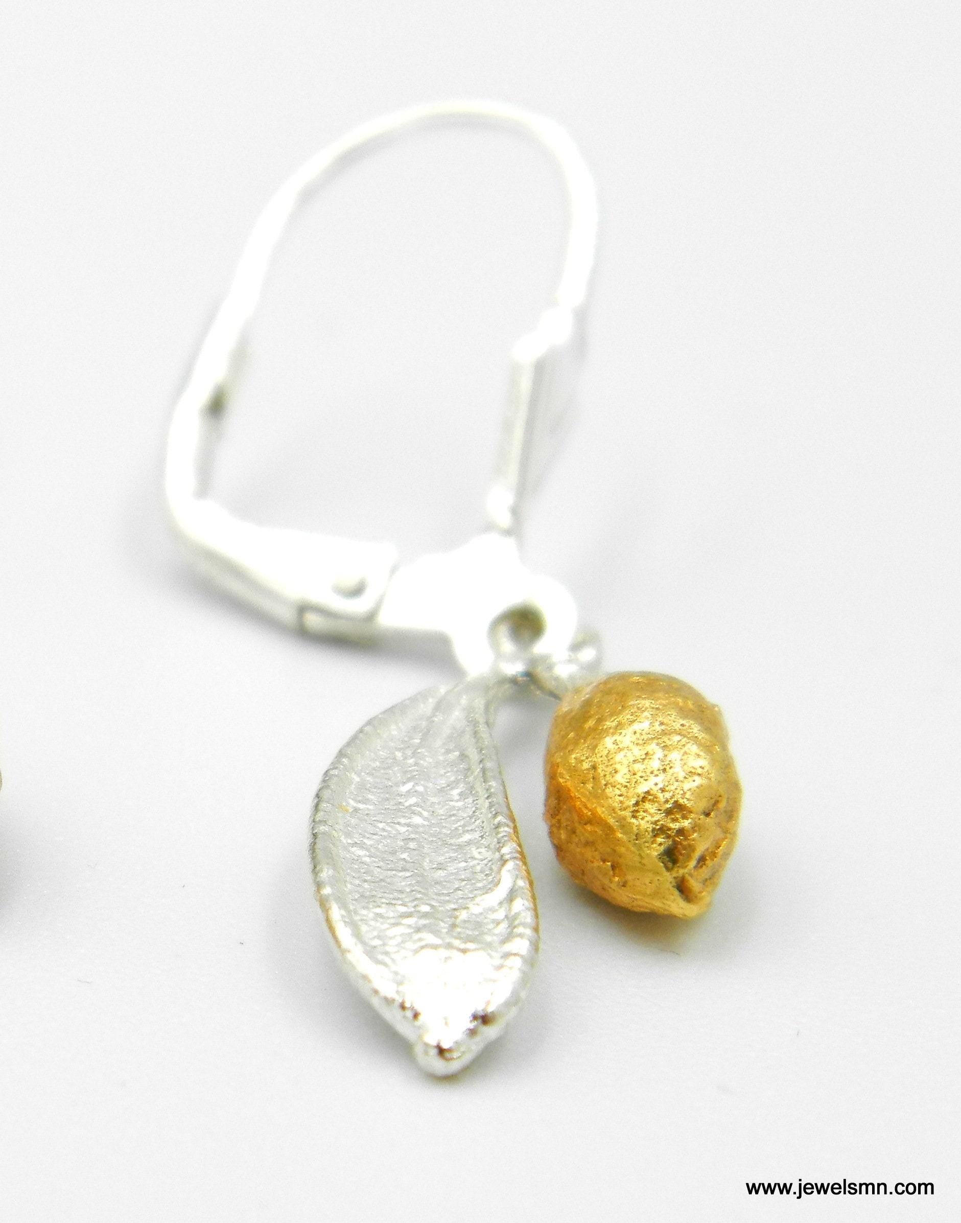 Olive Leaf Earrings, Sterling Silver and Gold Jewelry, Handmade Eco Design Gift for Women-2