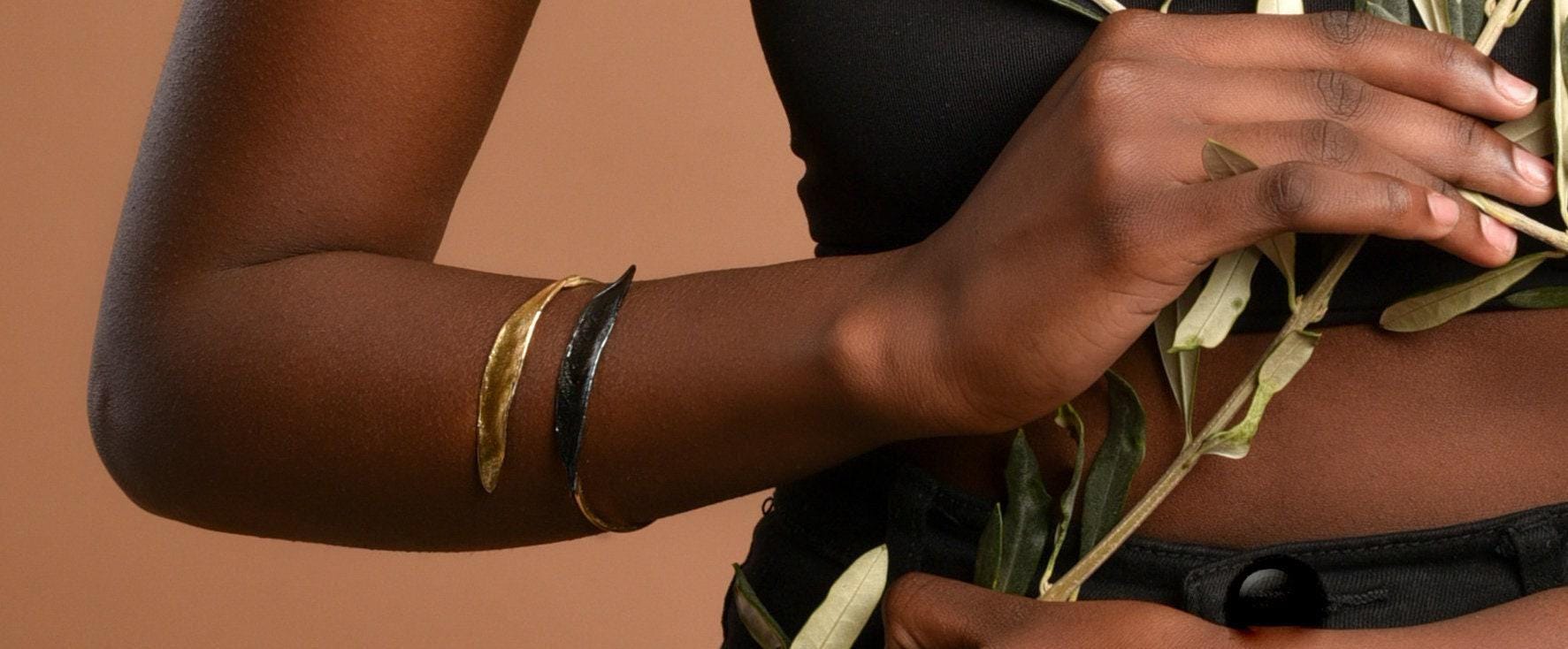 Olive Branch Vegan Bracelet - Adjustable Gold-Plated Brass and Black Rhodium Design-2