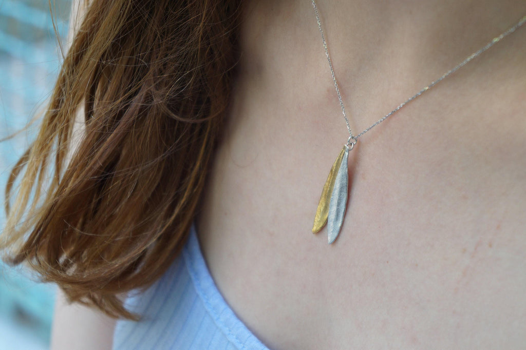 Botanical Two Tone Necklace, Olive Leaves Pressed (Sterling Silver)-0
