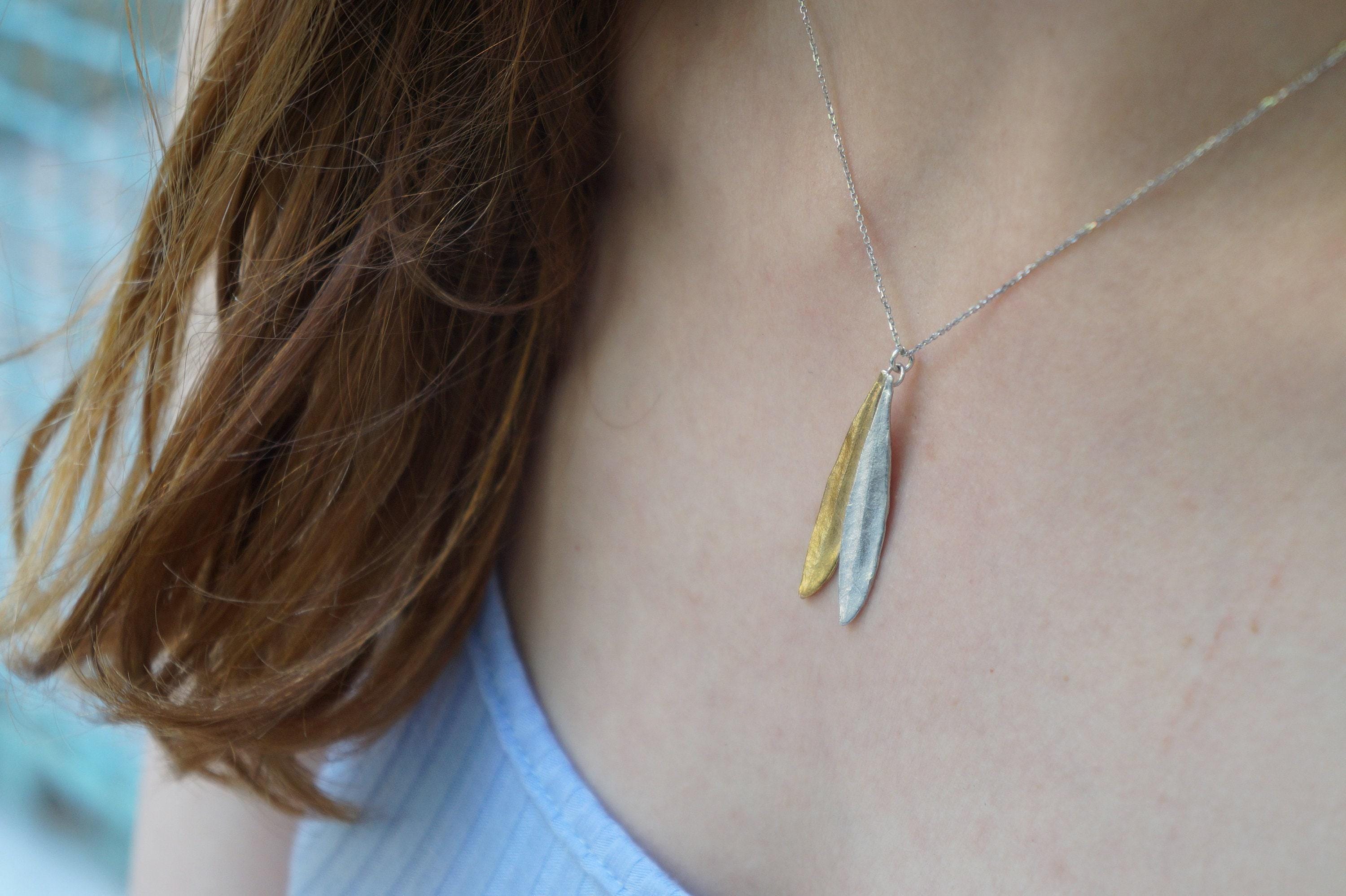 Botanical Two Tone Necklace, Olive Leaves Pressed (Sterling Silver)-0