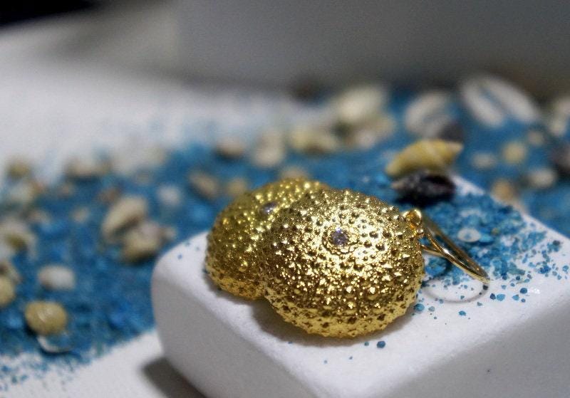 Sea Urchin Earrings: Gold-Plated Brass, Zircon Accent - Beach Wedding Look-1