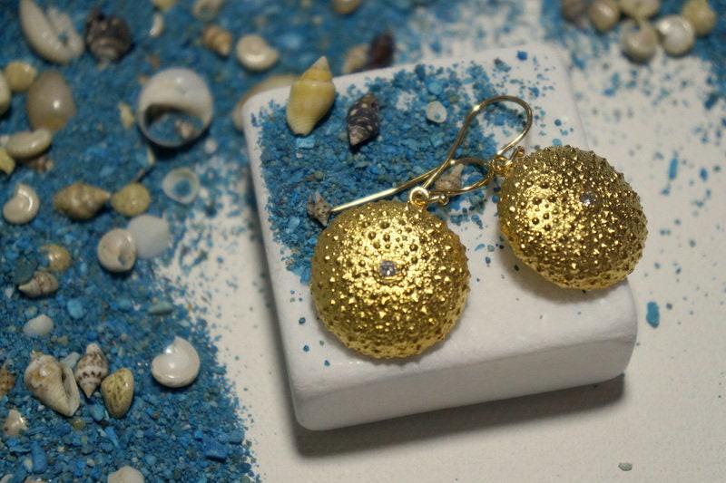 Sea Urchin Earrings: Gold-Plated Brass, Zircon Accent - Beach Wedding Look-2