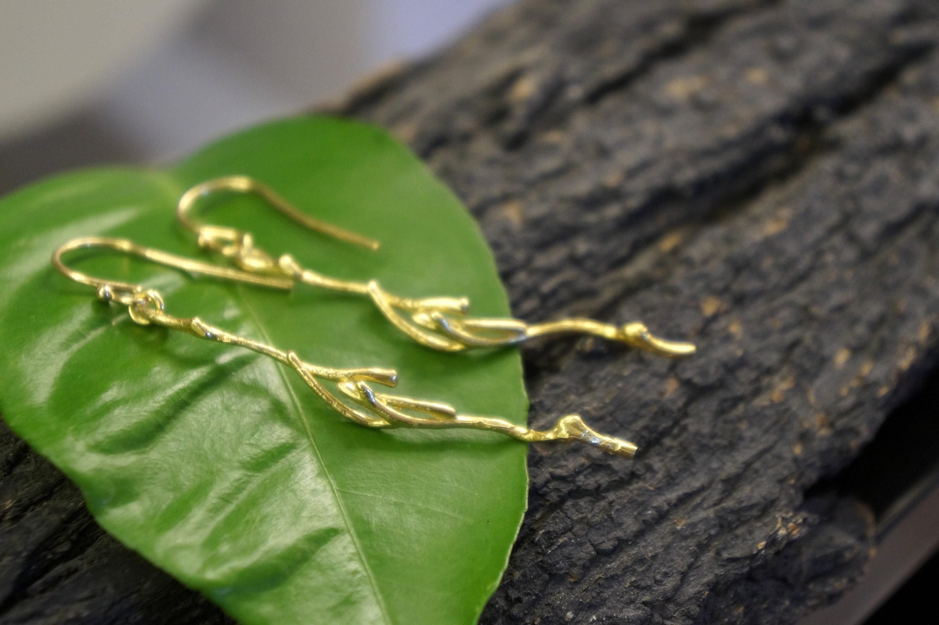 Real Jasmine Twig Earrings - Gold Plated Sterling Silver Dangles-1