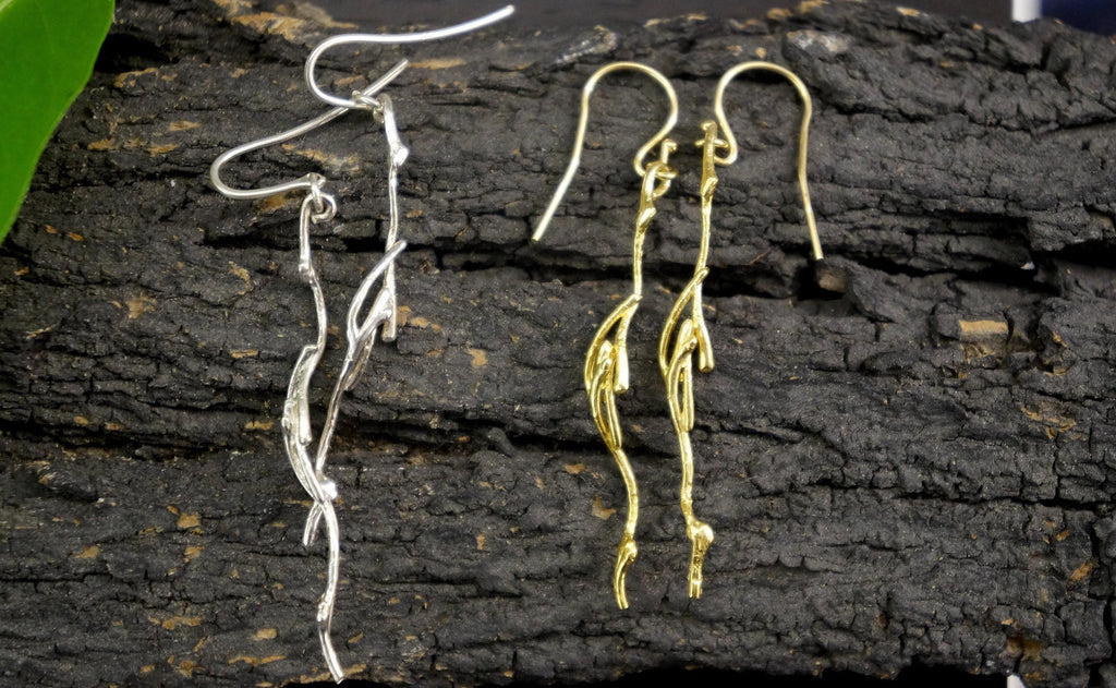 Real Jasmine Twig Earrings - Gold Plated Sterling Silver Dangles-3