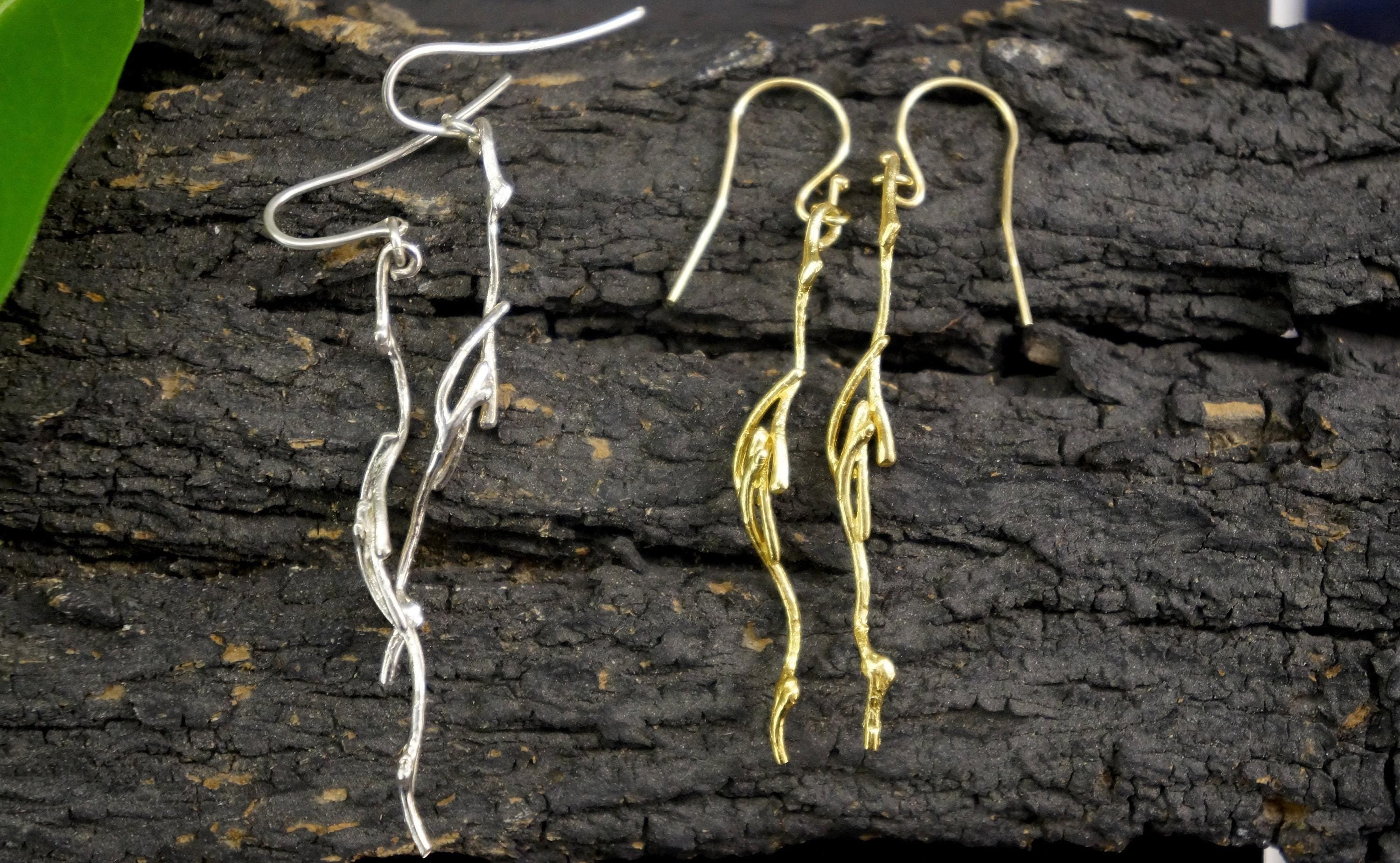 Real Jasmine Twig Earrings - Gold Plated Sterling Silver Dangles-3