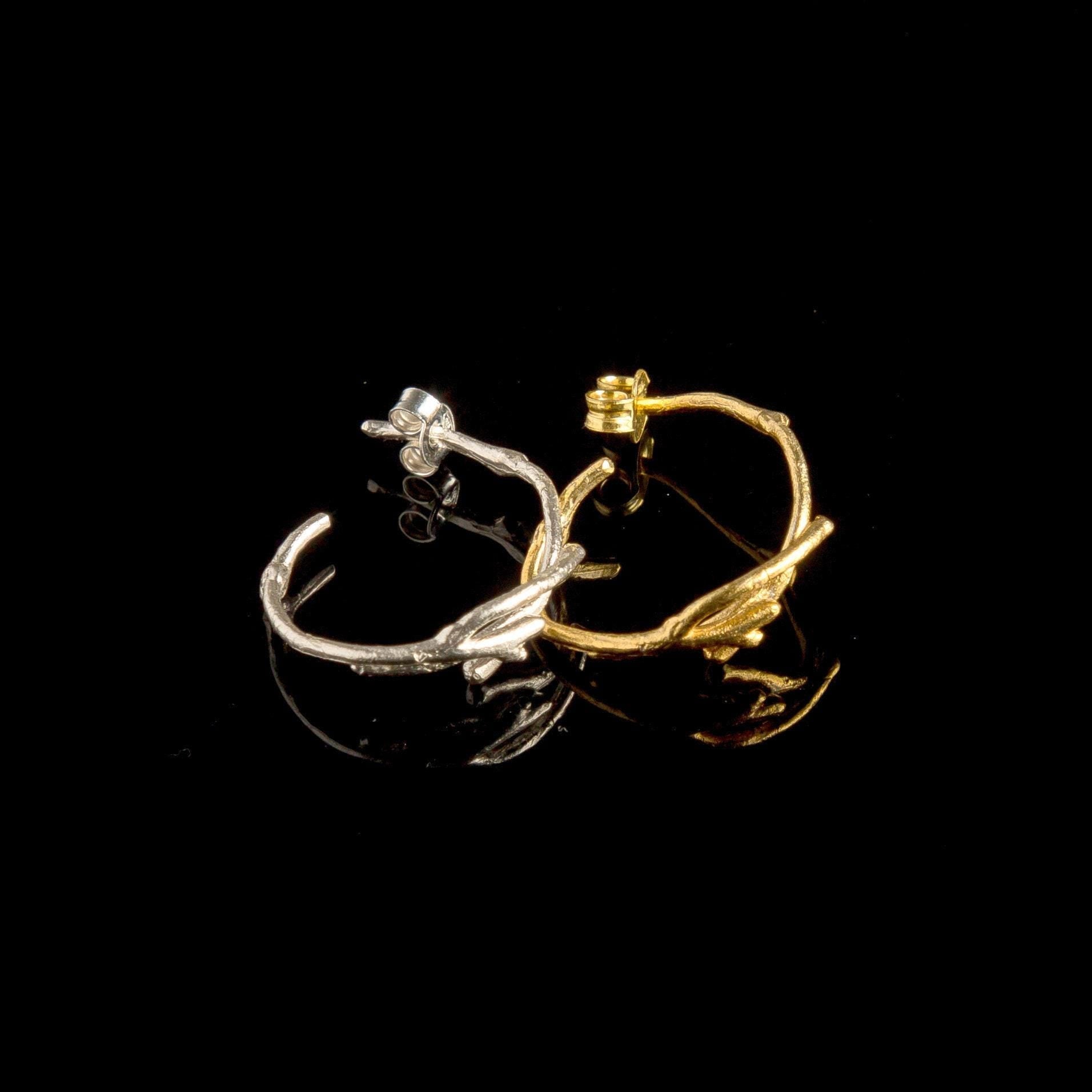 Gold Jasmine Branch Earrings, Gold-Plated Sterling Silver Jewelry, Hoop Earrings, Gift for Her, Birthday Gift for Women, Handmade Jewelry-1