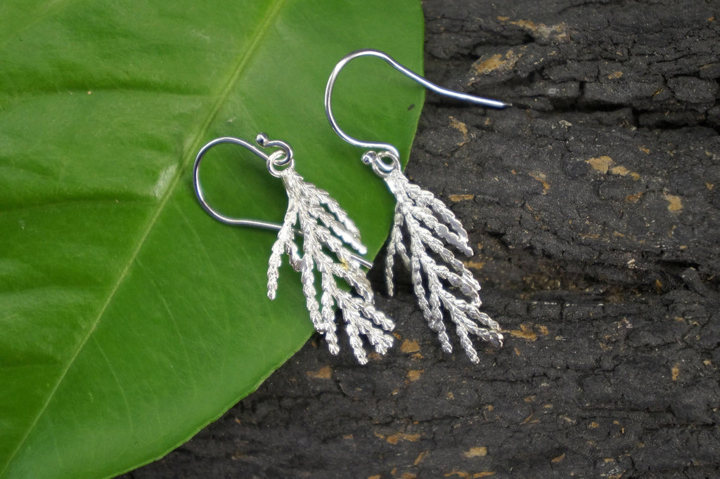 Nature Earrings: Real Cypress Leaf in Sterling Silver (Dangle)-1