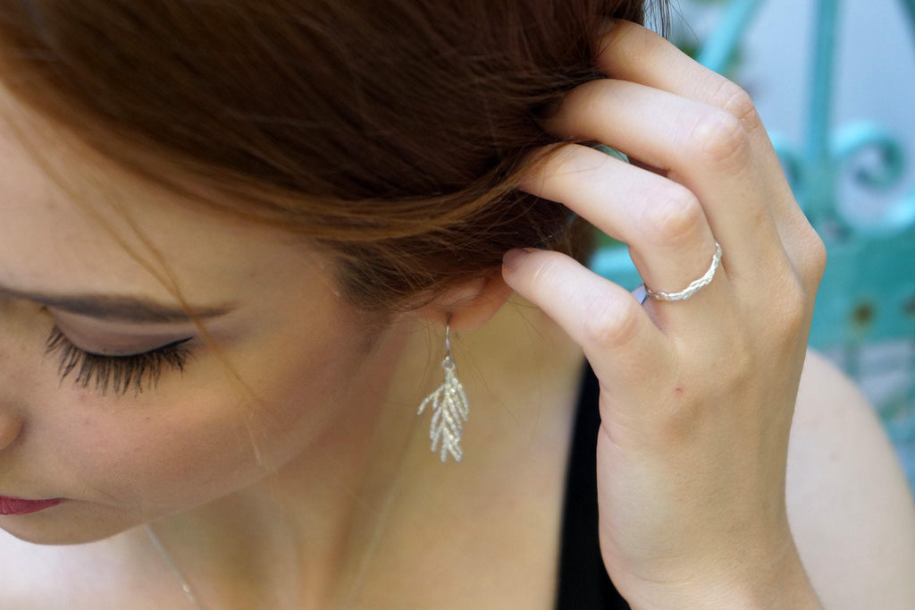 Nature Earrings: Real Cypress Leaf in Sterling Silver (Dangle)-2